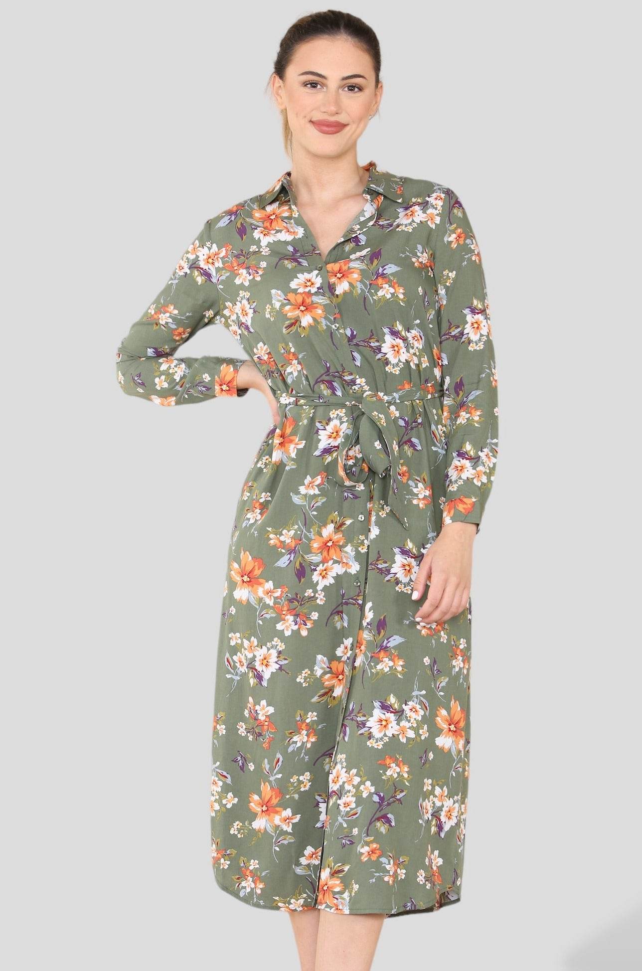 Love Sunshine Green Floral Print Long Sleeve Maxi Shirt Dress LS-2156LL