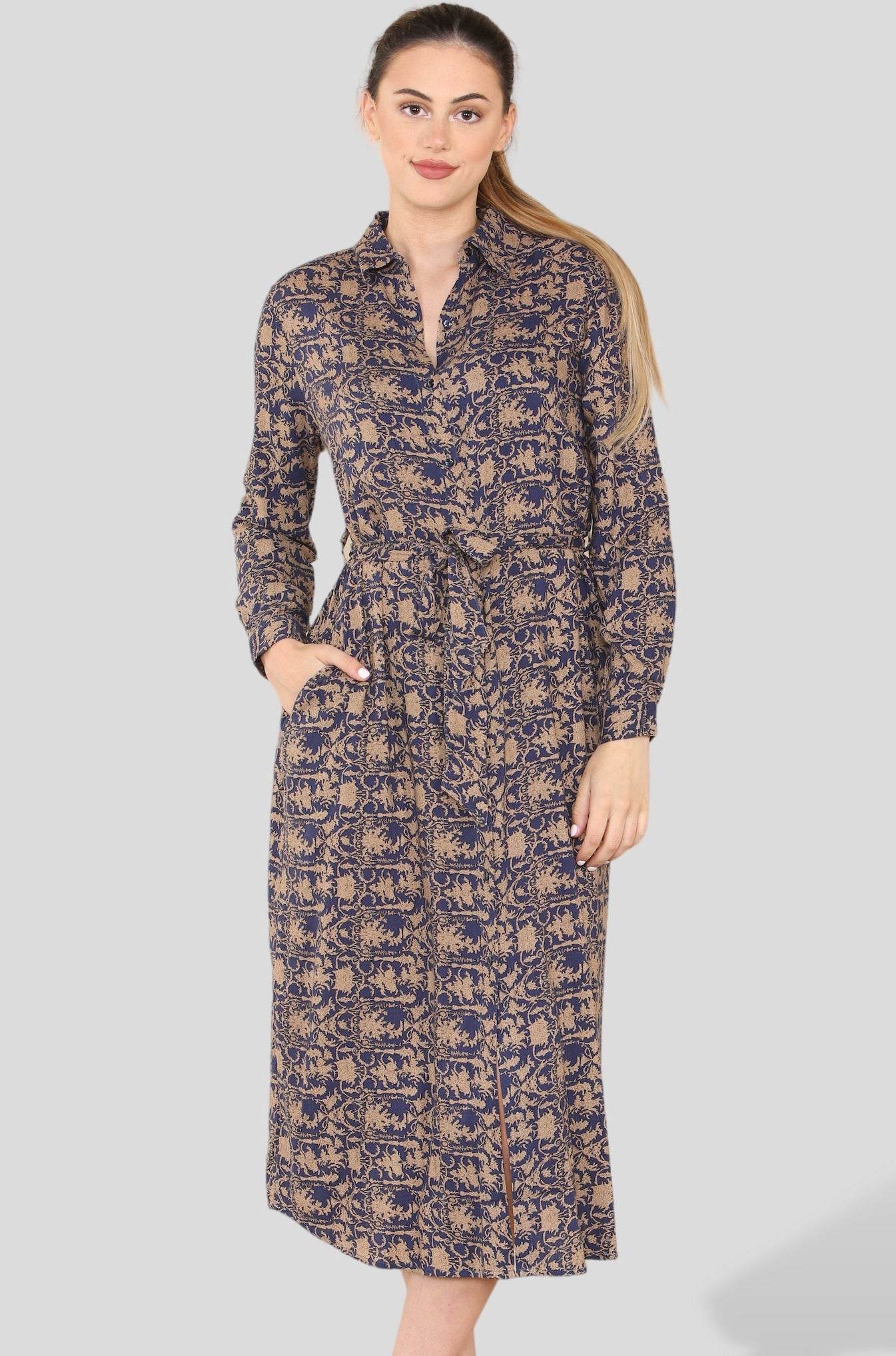 Love Sunshine Navy Pattern Floral Print Long Sleeve Maxi Shirt Dress LS-2156LL