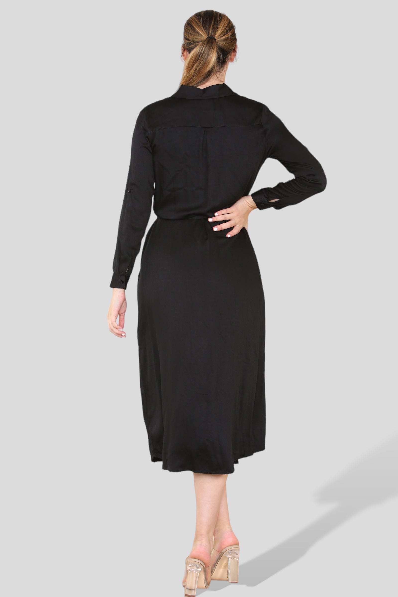 Love Sunshine Plain Black Long Sleeve Maxi Shirt Dress LS-2156LL