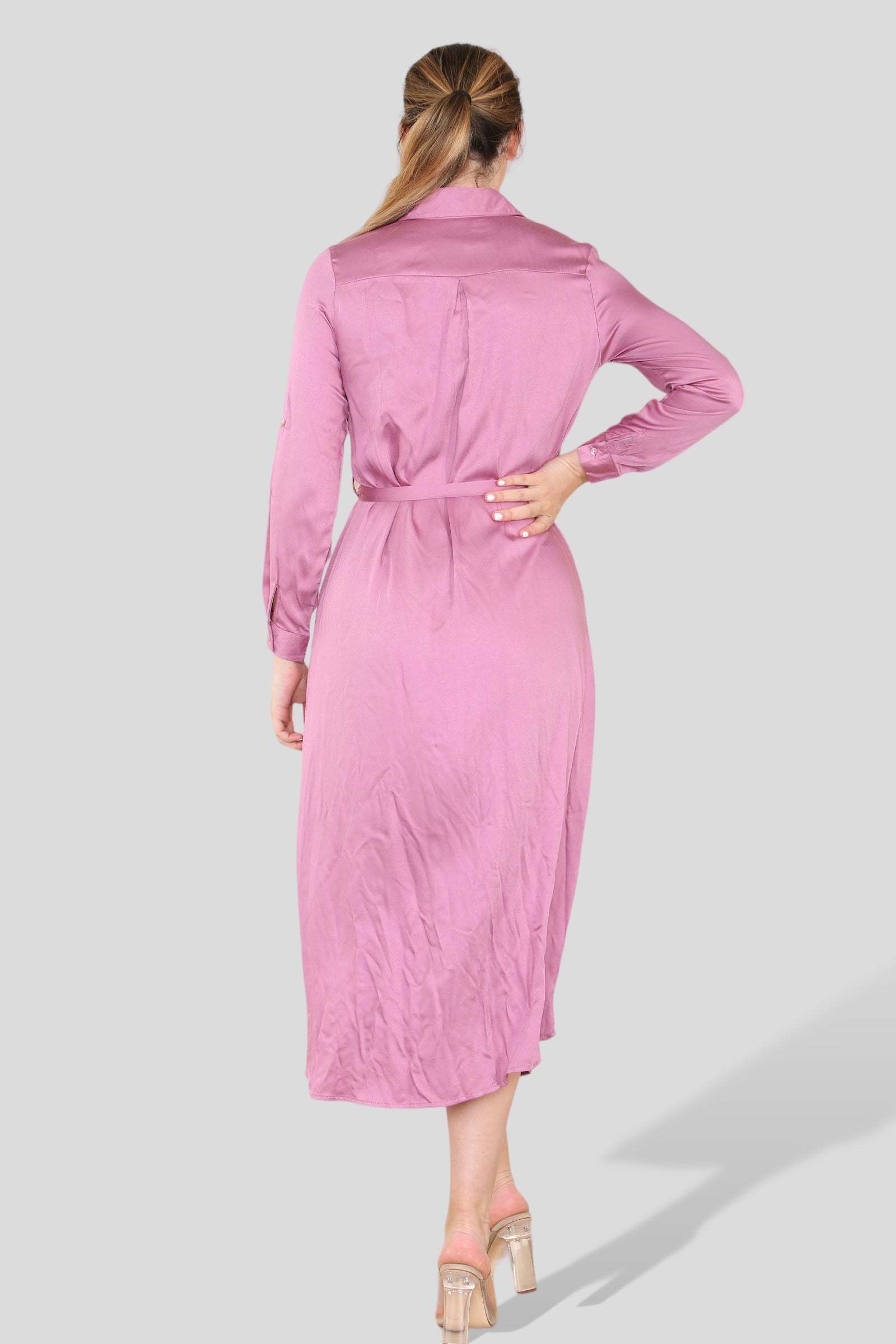 Love Sunshine Plain Pink Luxury Long Sleeve Maxi Shirt Dress LS-2156LL