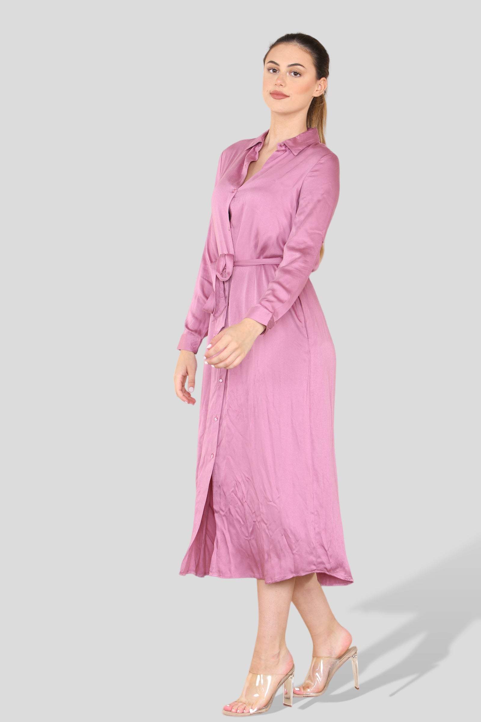 Love Sunshine Plain Pink Luxury Long Sleeve Maxi Shirt Dress LS-2156LL