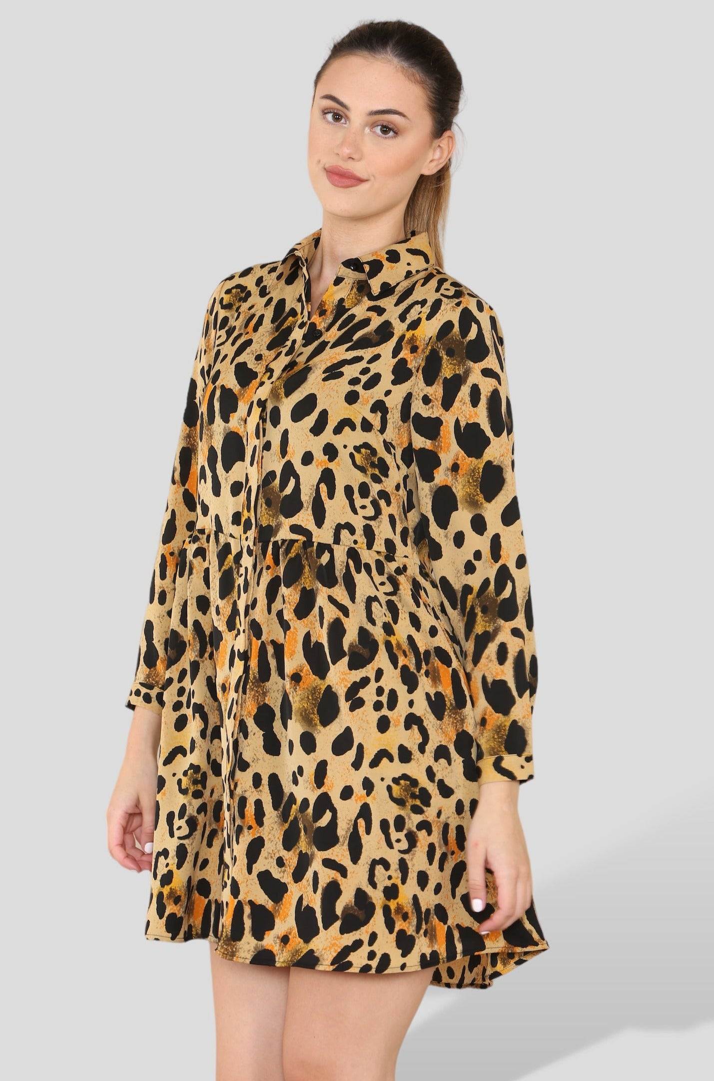 Love Sunshine Tan Leopard Print Smock Mini Shirt Dress Brunch Dress Casual Dress Dress with Pockets Everyday Dress Leopard Print Dress Long Sleeve Dress LS-2313