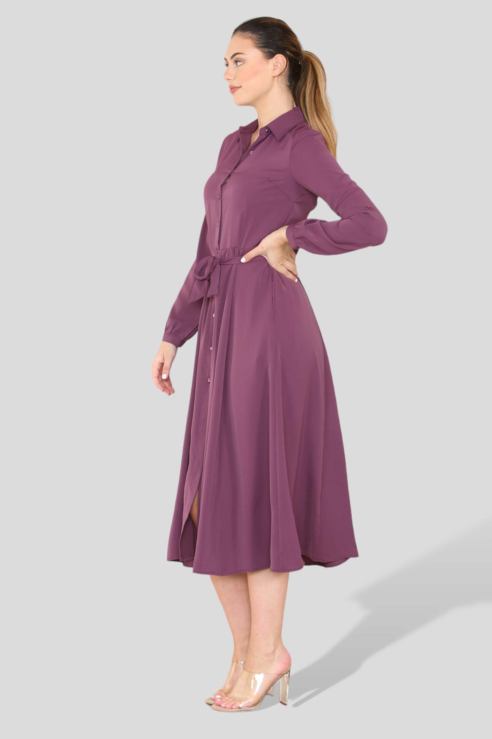 Plain Purple Long Sleeve Midaxi Shirt Dress