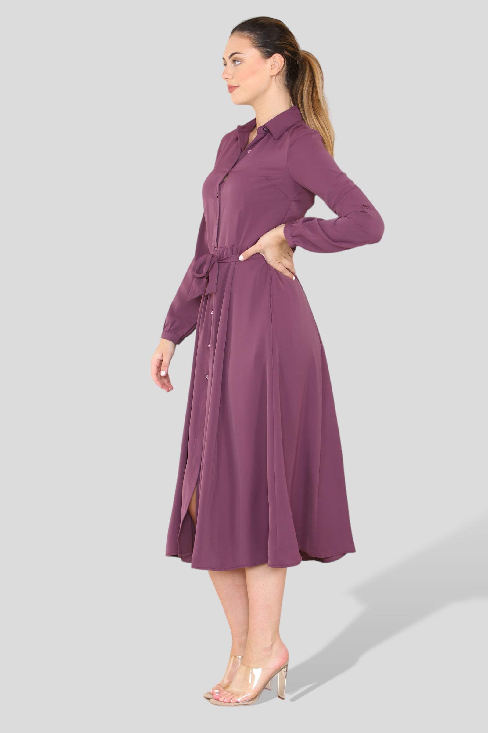 Love Sunshine Plain Purple Long Sleeve Midaxi Shirt Dress Brunch Dress Casual Dress Dress with Pockets Everyday Dress Long Sleeve Dress LS-2037 Wedding Guest Dress Workwear Dress