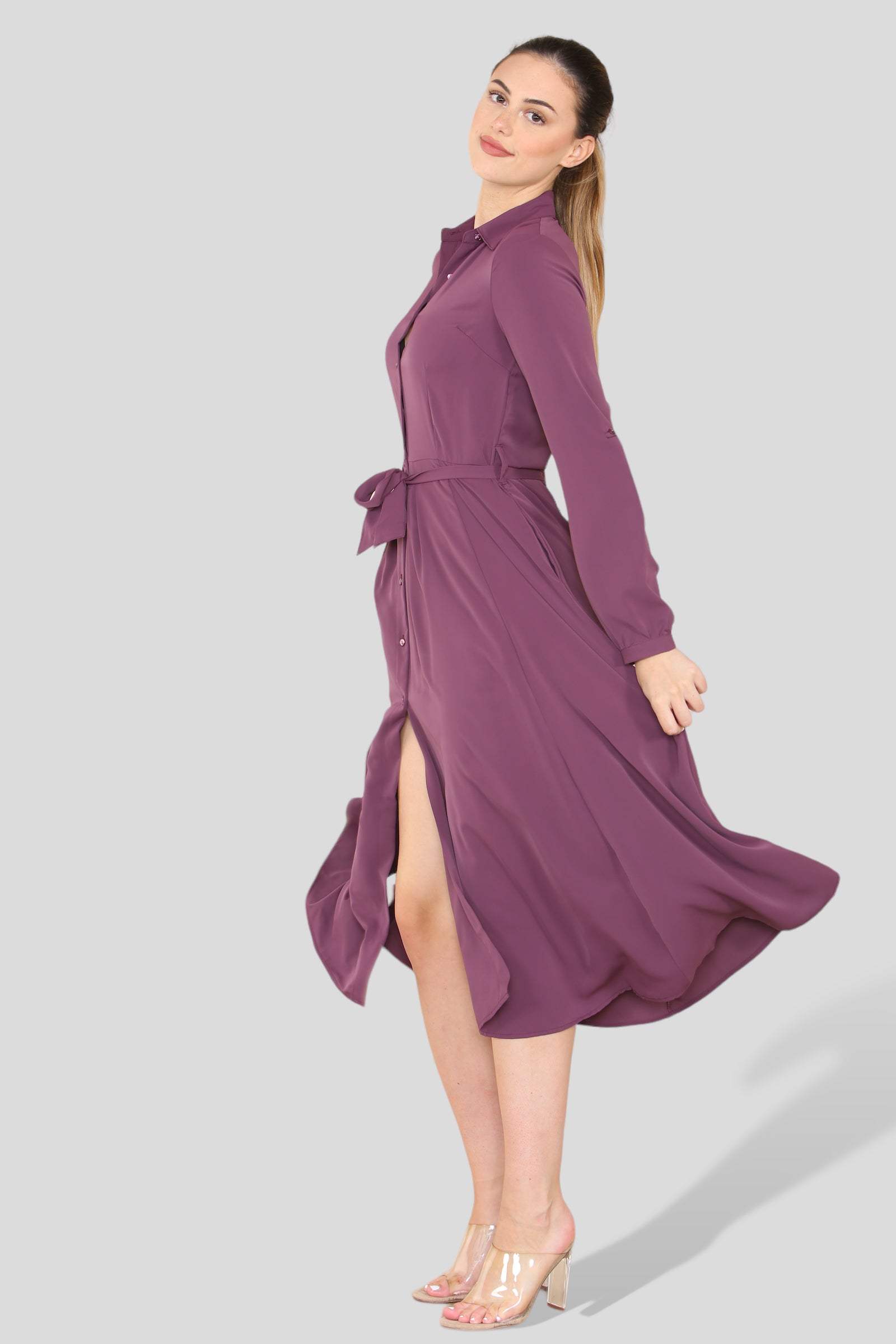 Love Sunshine Plain Purple Long Sleeve Midaxi Shirt Dress Brunch Dress Casual Dress Dress with Pockets Everyday Dress Long Sleeve Dress LS-2037 Wedding Guest Dress Workwear Dress