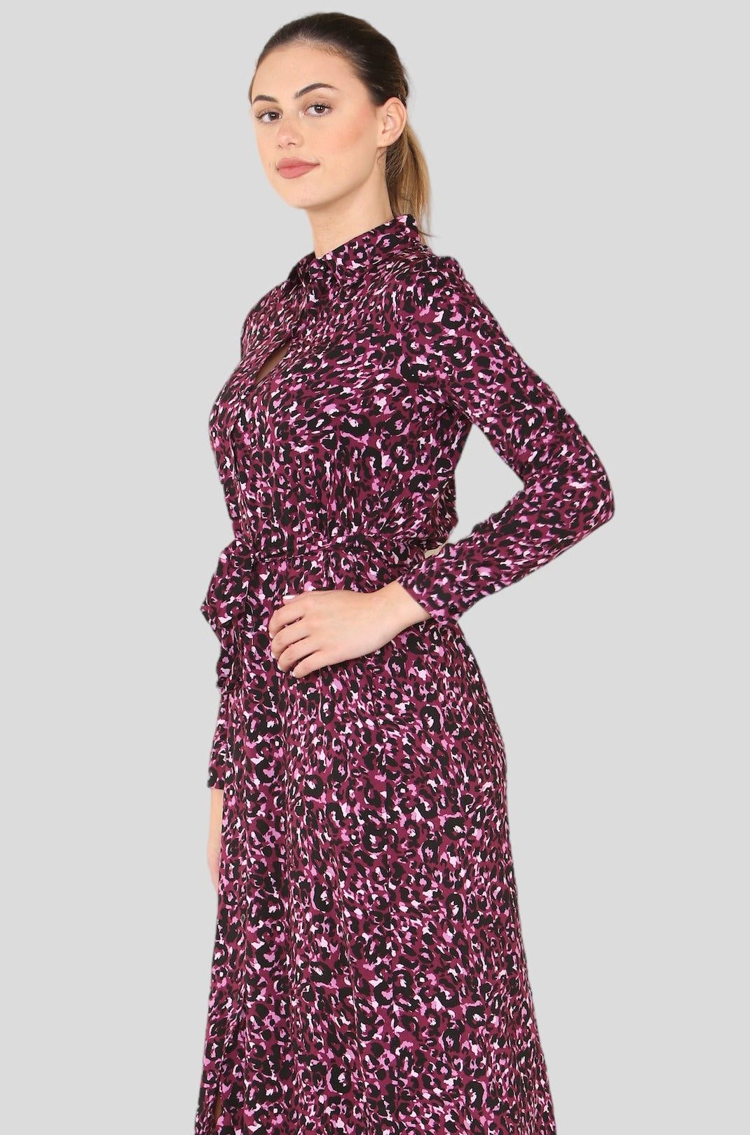 Love Sunshine Purple Leopard Print Long Sleeve Maxi Shirt Dress LS-2156LL