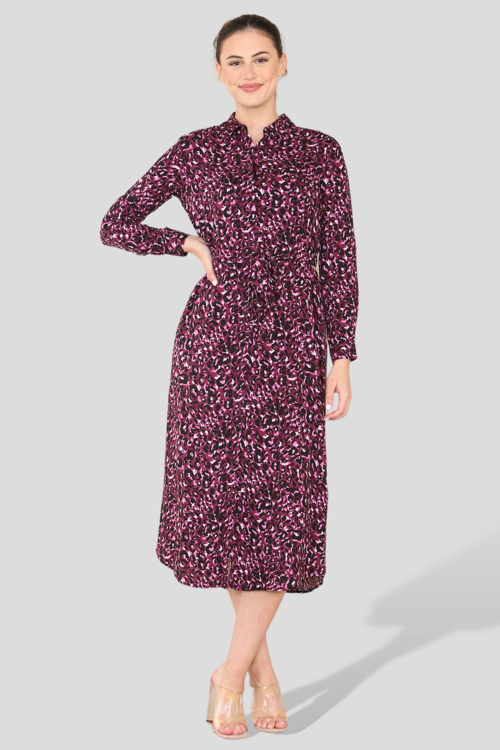 Love Sunshine Purple Leopard Print Long Sleeve Maxi Shirt Dress LS-2156LL