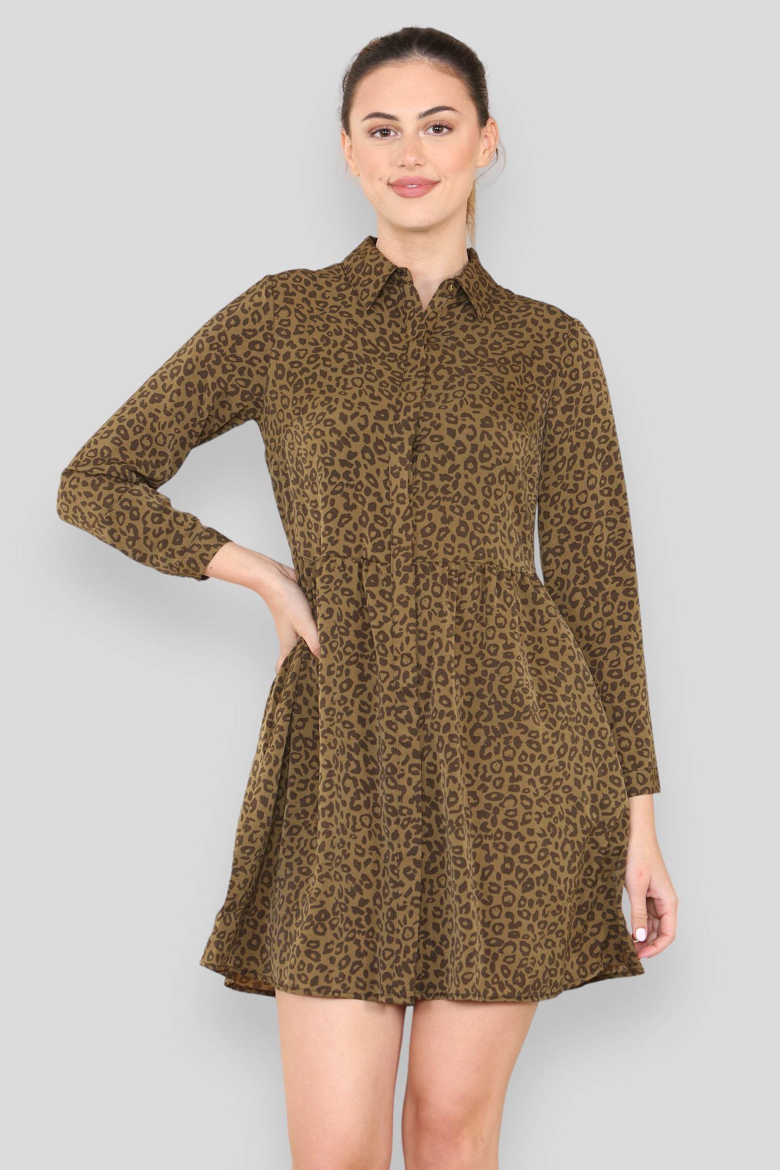 Love Sunshine Olive Brown Leopard Print Smock Mini Shirt Dress Brunch Dress Casual Dress Dress with Pockets Everyday Dress Leopard Print Dress Long Sleeve Dress LS-2313