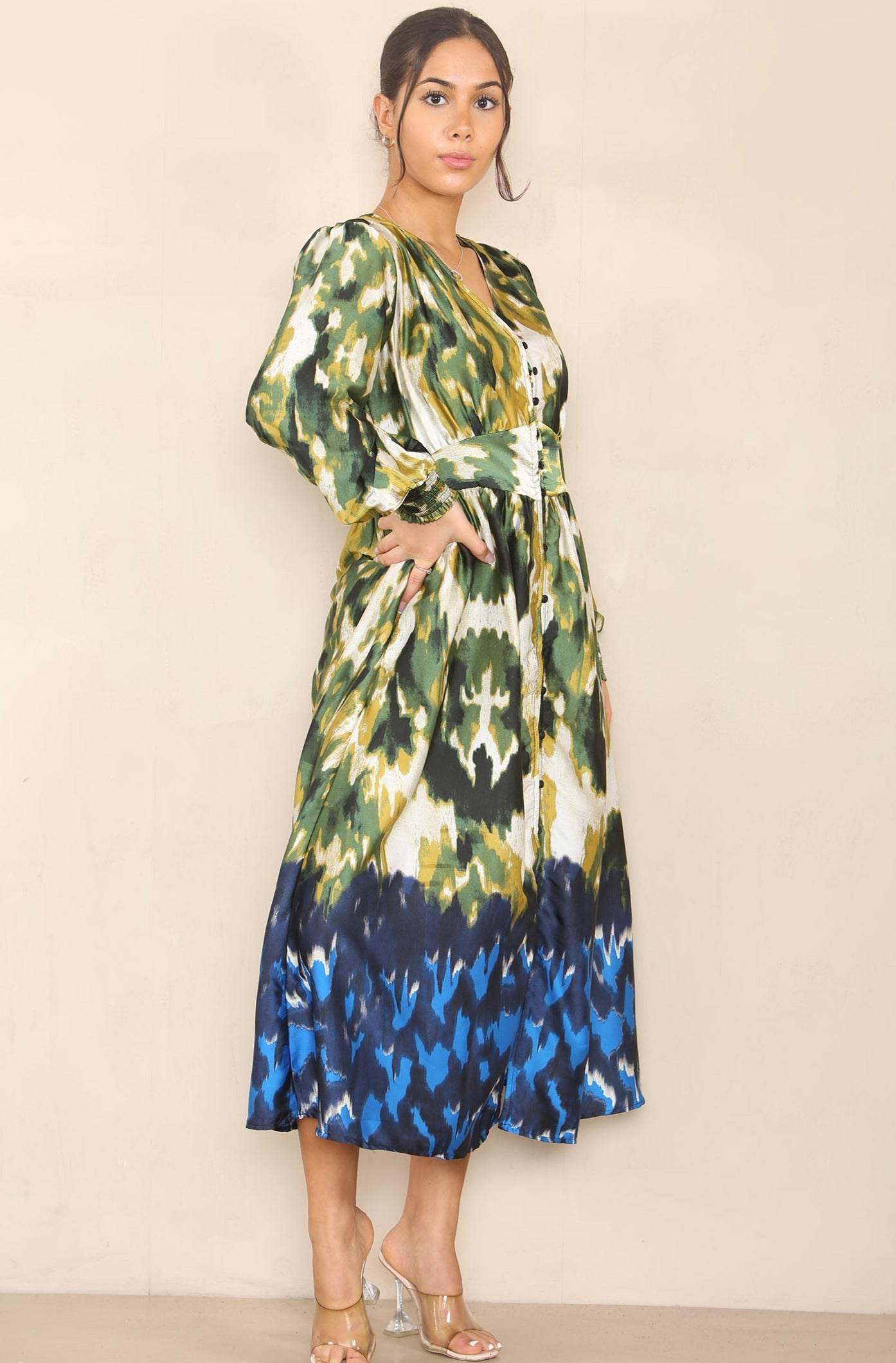 Love Sunshine Green Abstract Print V Neck Maxi Dress DB LS-2255