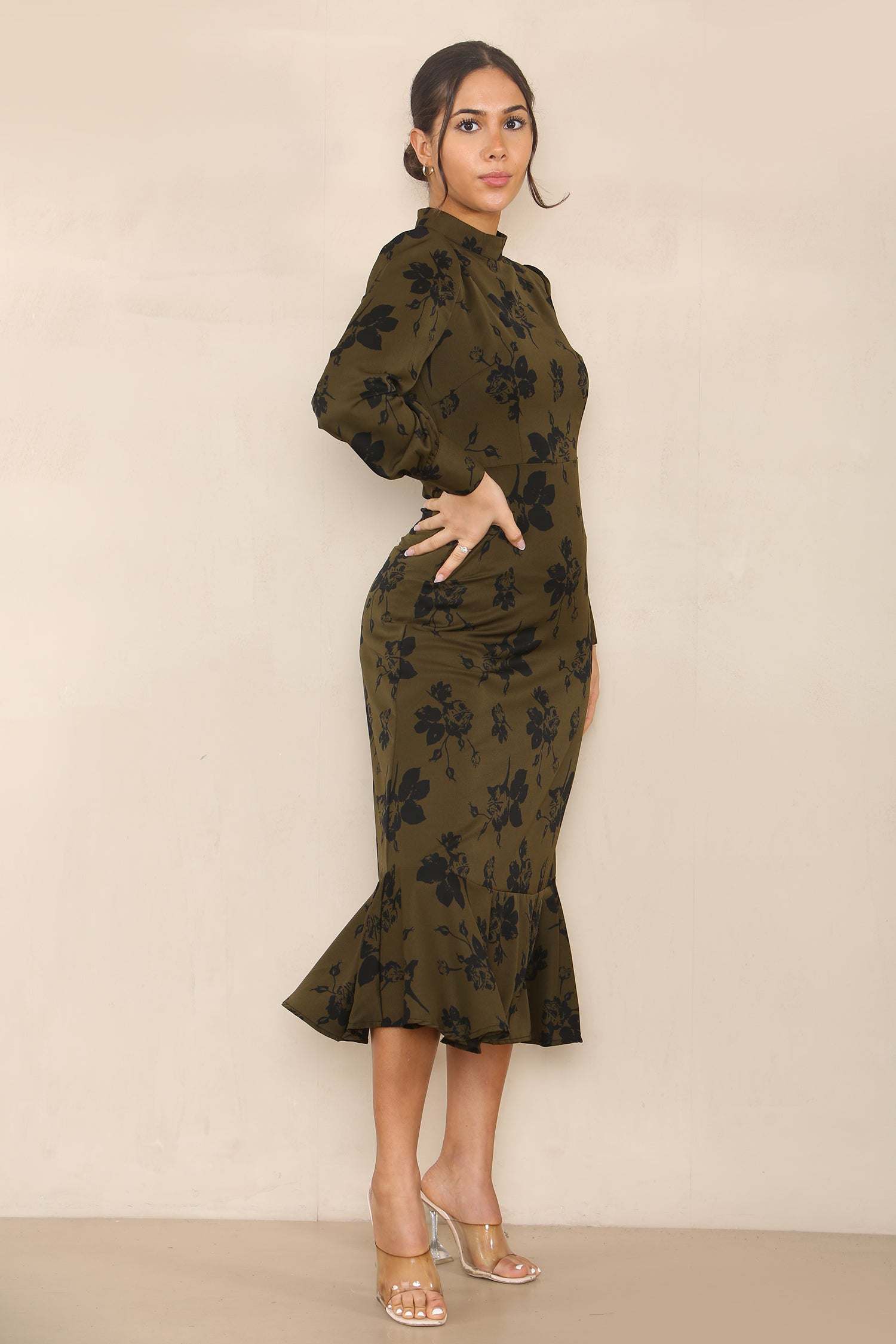 Love Sunshine Khaki Floral Print Frilled Hem Bodycon Midi Dress Garden Party Dress Going Out Dress Long Sleeve Dress LS-2332 Tea Dress Wedding Guest Dress