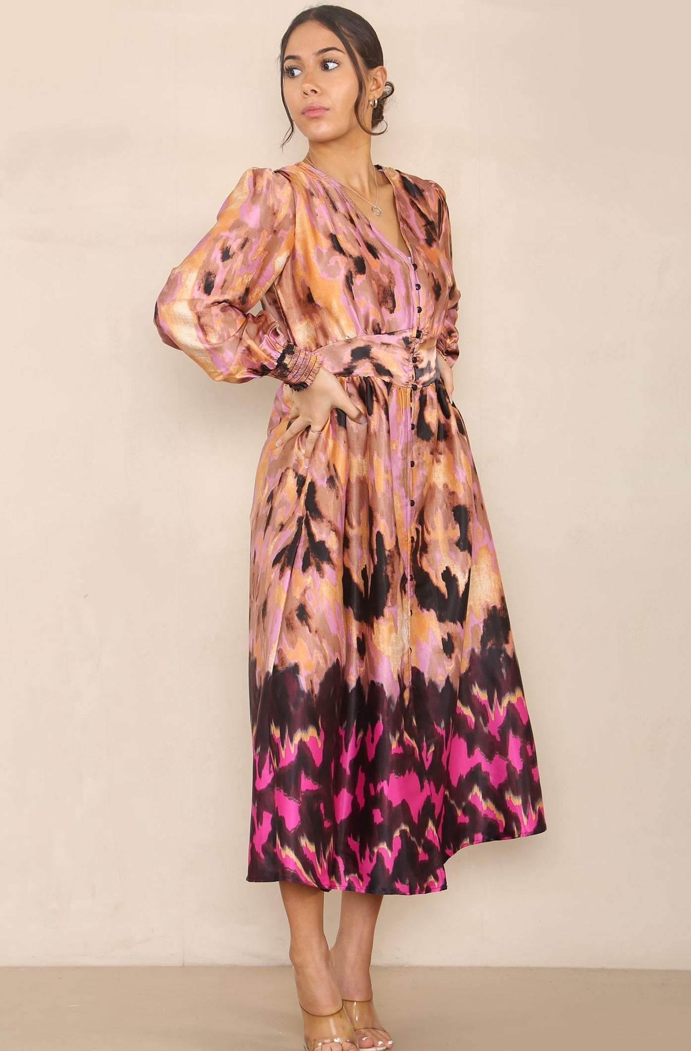 Love Sunshine Fuchsia Abstract Print V Neck Maxi Dress DB LS-2255