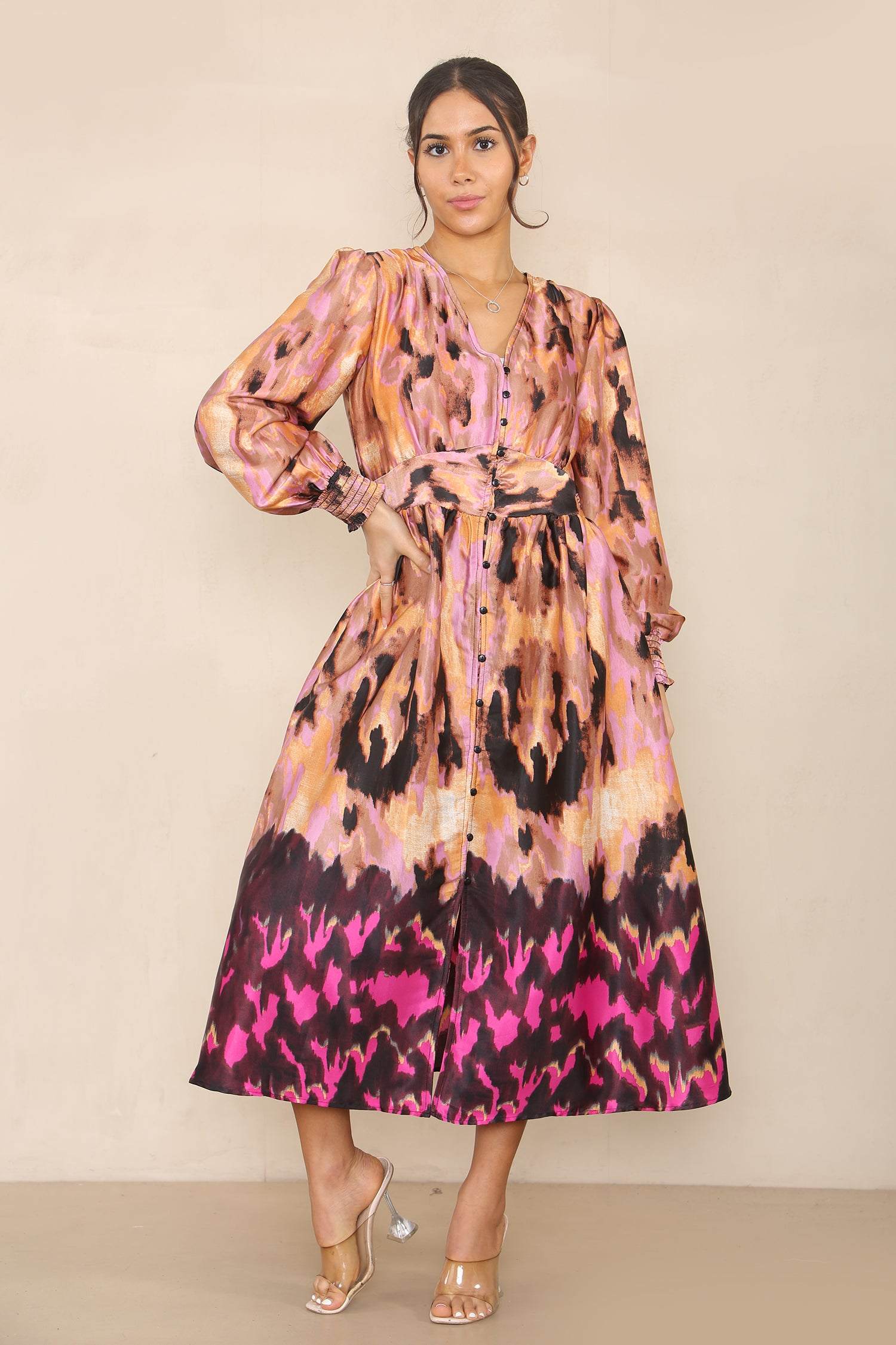 Love Sunshine Fuchsia Abstract Print V Neck Maxi Dress DB LS-2255