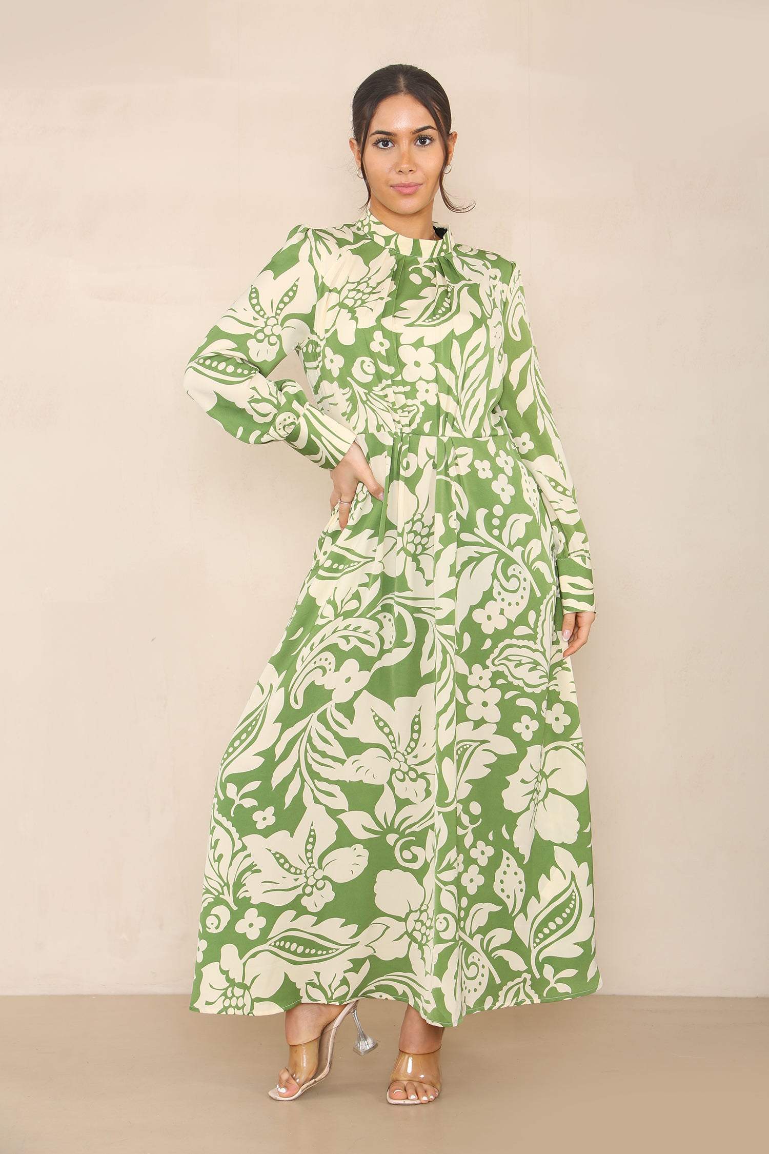 Love Sunshine Green Abstract Floral Pleated Skirt High Neck Maxi Dress LS-9099LL