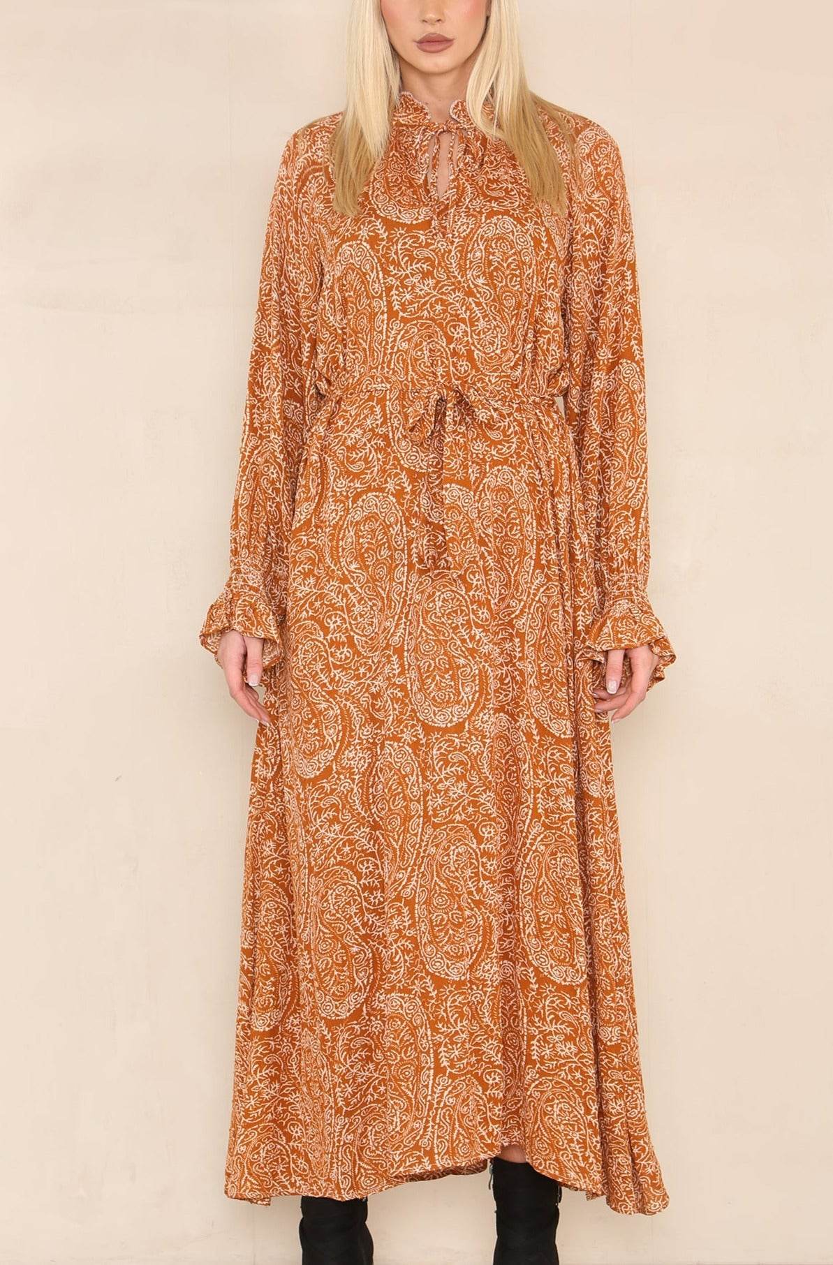 Love Sunshine Rust Paisley Print Tiered Hem Maxi Dress LS-2224
