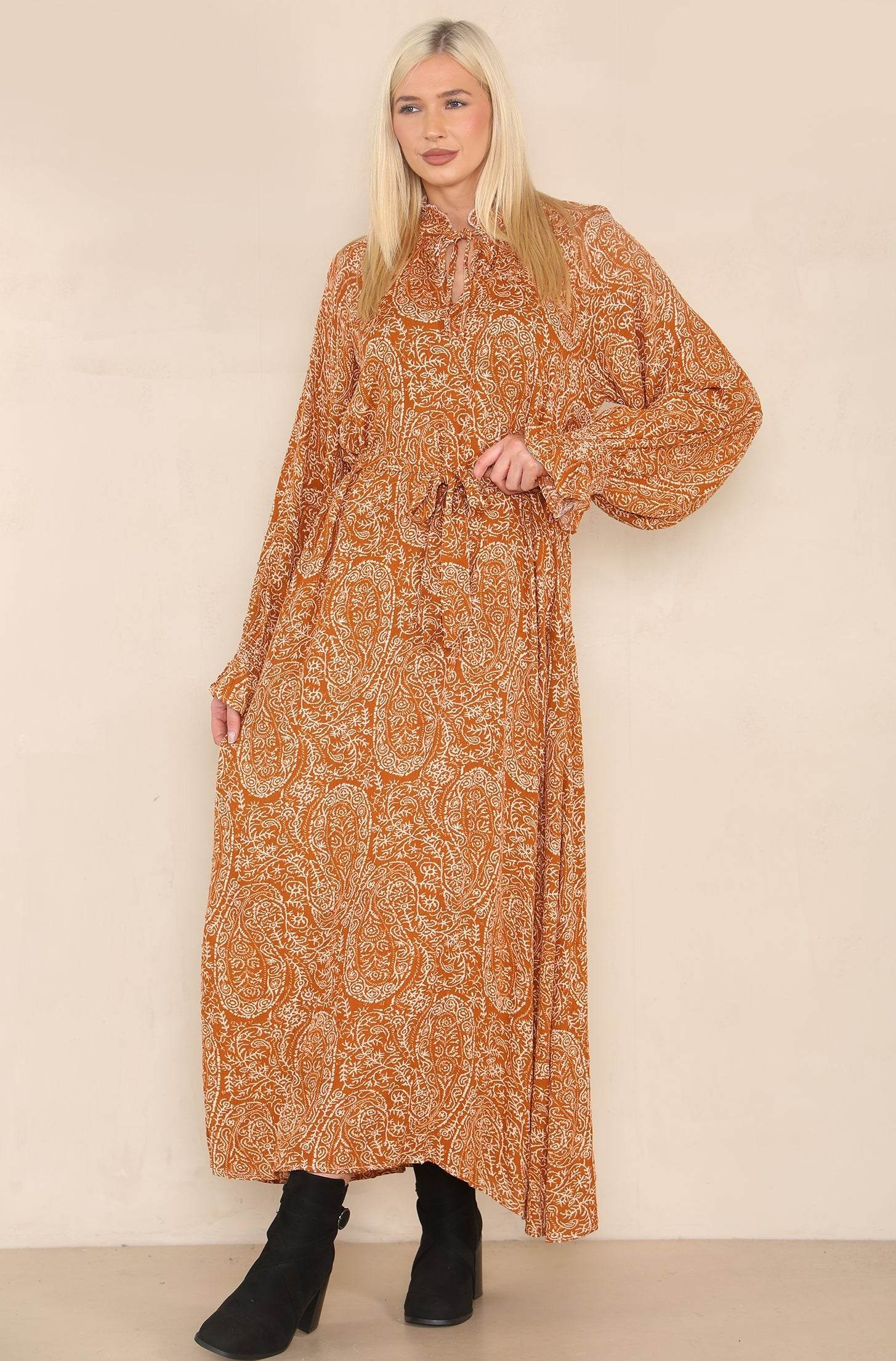Love Sunshine Rust Paisley Print Tiered Hem Maxi Dress LS-2224
