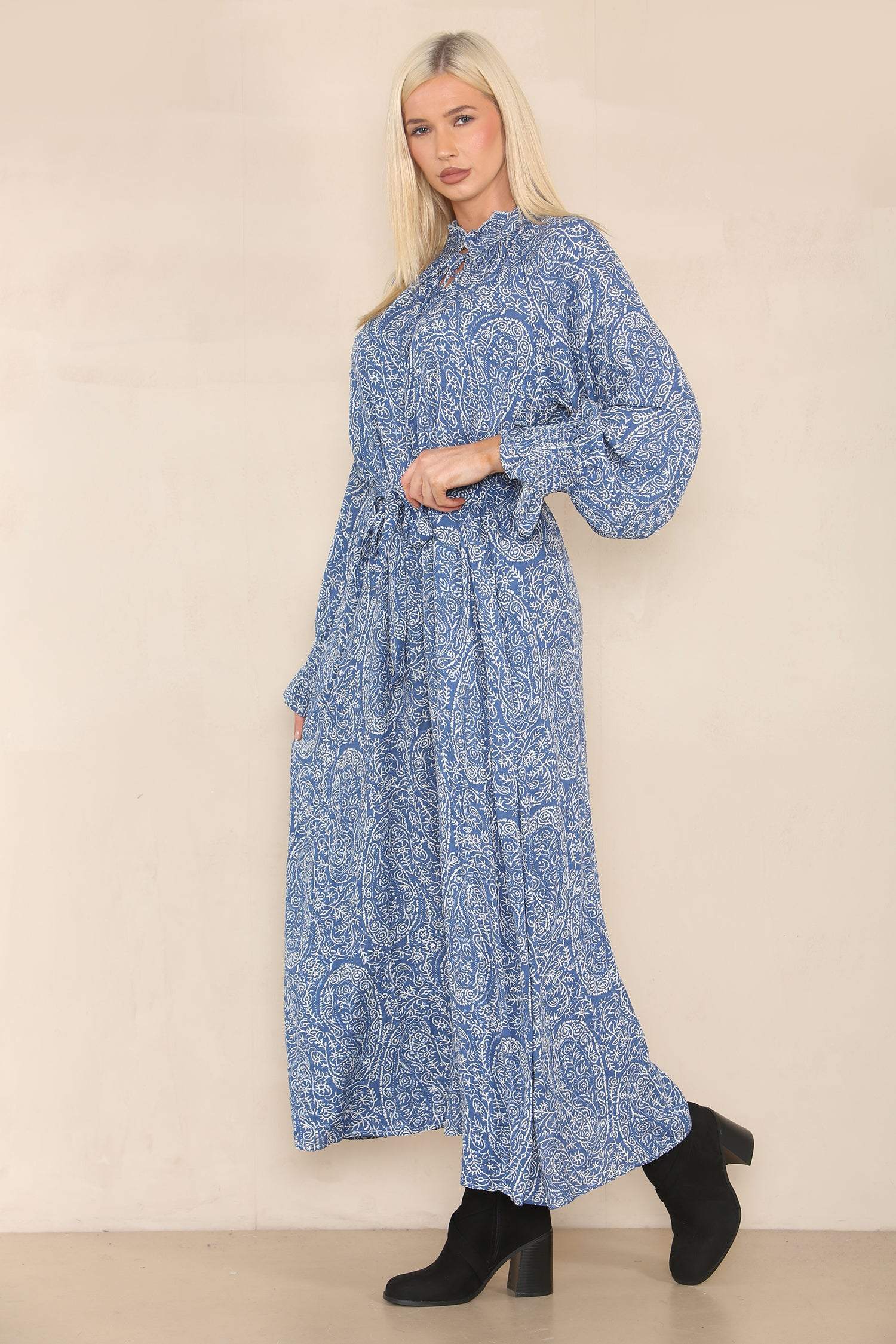 Love Sunshine Blue Paisley Print Tiered Hem Maxi Dress LS-2224