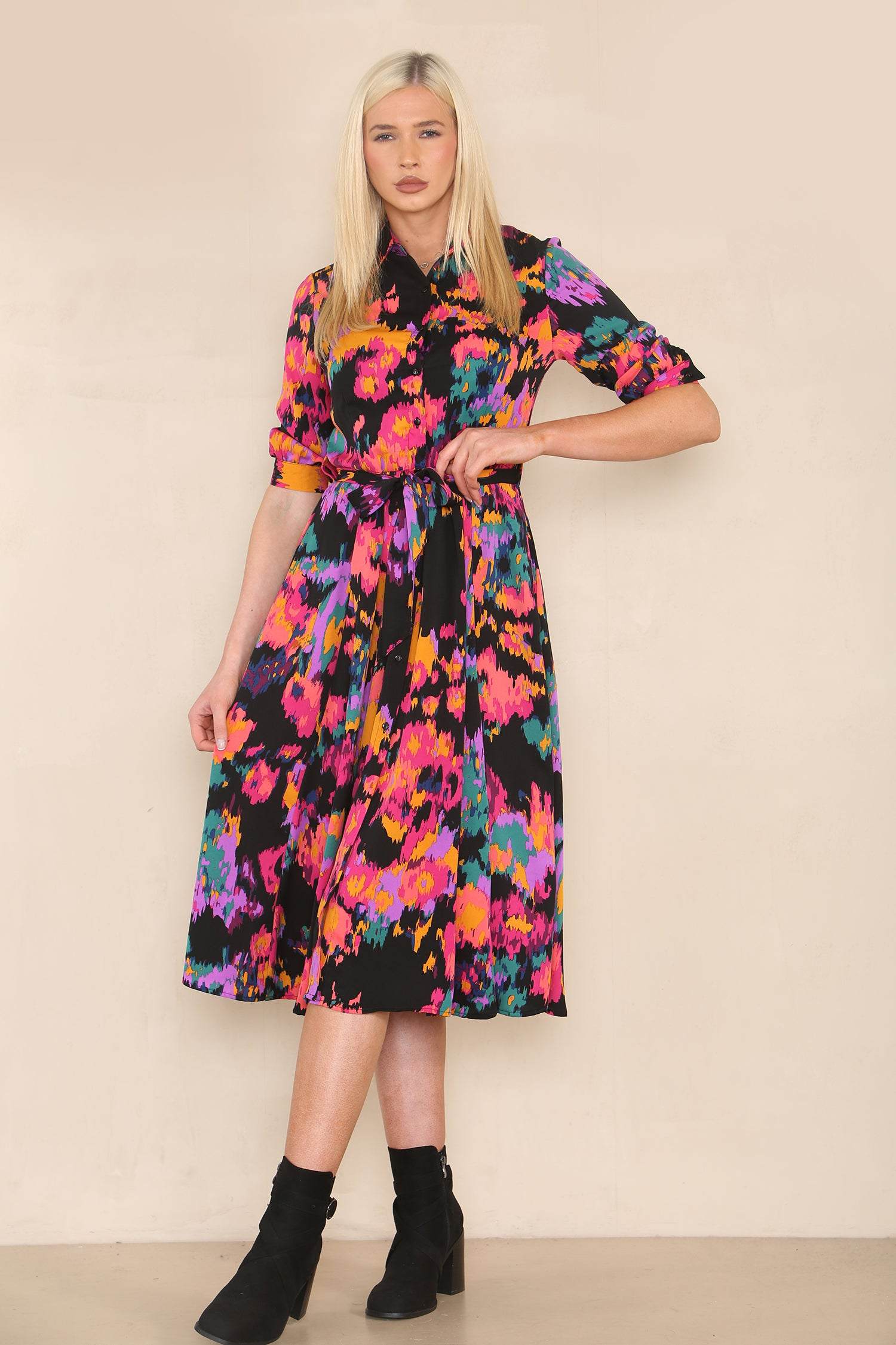 Love Sunshine Multi Abstract Print Half Sleeve Midi Shirt Dress Brunch Dress Casual Dress Dress with Pockets Everyday Dress Garden Party LS-2045 Workwear Dress