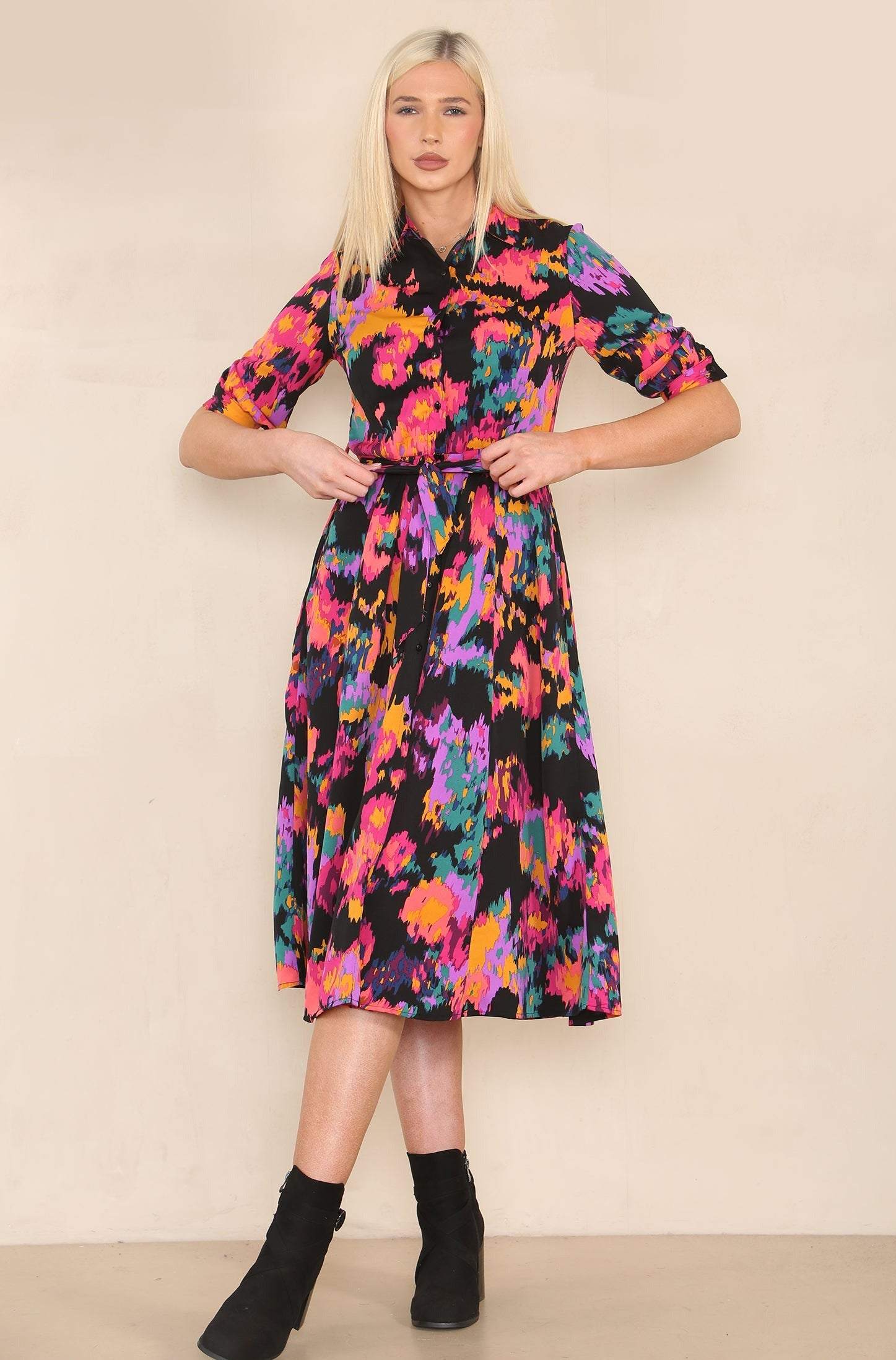 Love Sunshine Multi Abstract Print Half Sleeve Midi Shirt Dress Brunch Dress Casual Dress Dress with Pockets Everyday Dress Garden Party LS-2045 Workwear Dress