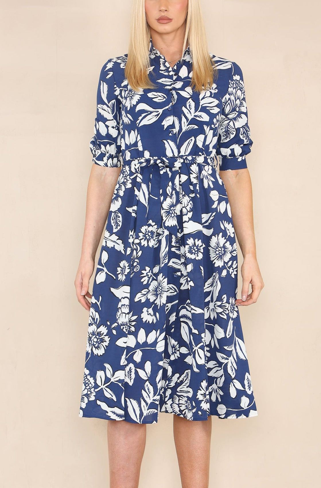Love Sunshine Blue Floral Print Half Sleeve Midi Shirt Dress Brunch Dress Casual Dress Dress with Pockets Everyday Dress LS-2045 Summer Dress Tea Dress Workwear Dress