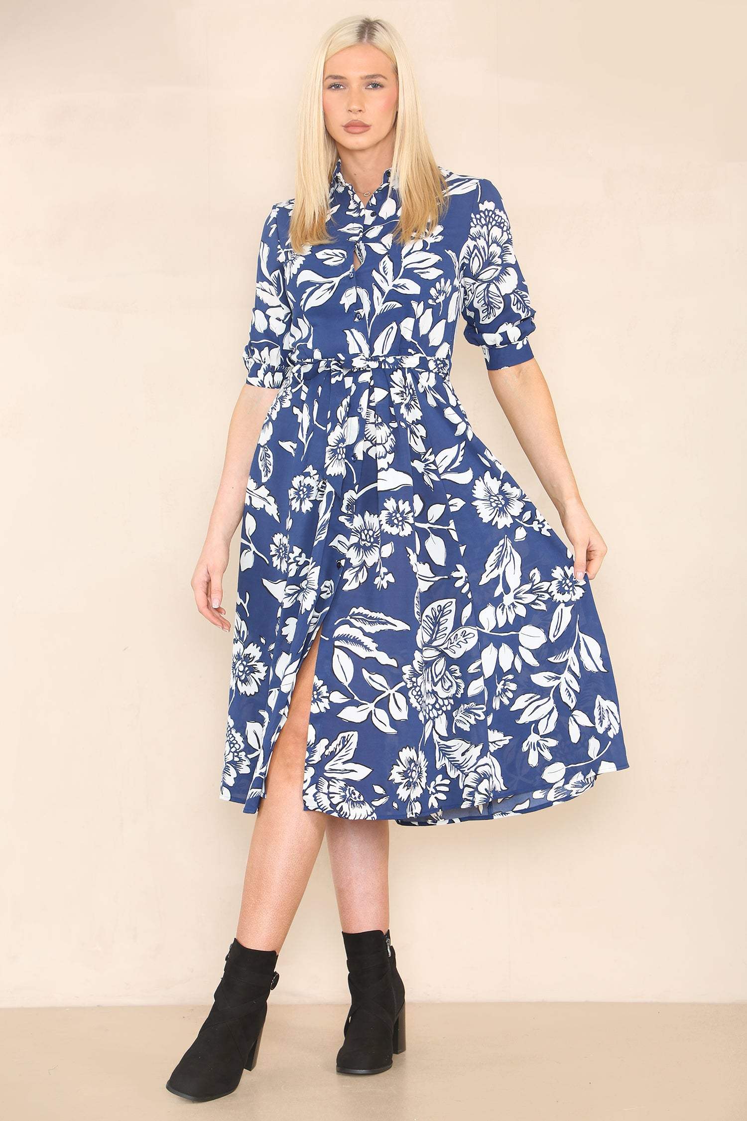 Love Sunshine Blue Floral Print Half Sleeve Midi Shirt Dress Brunch Dress Casual Dress Dress with Pockets Everyday Dress LS-2045 Summer Dress Tea Dress Workwear Dress