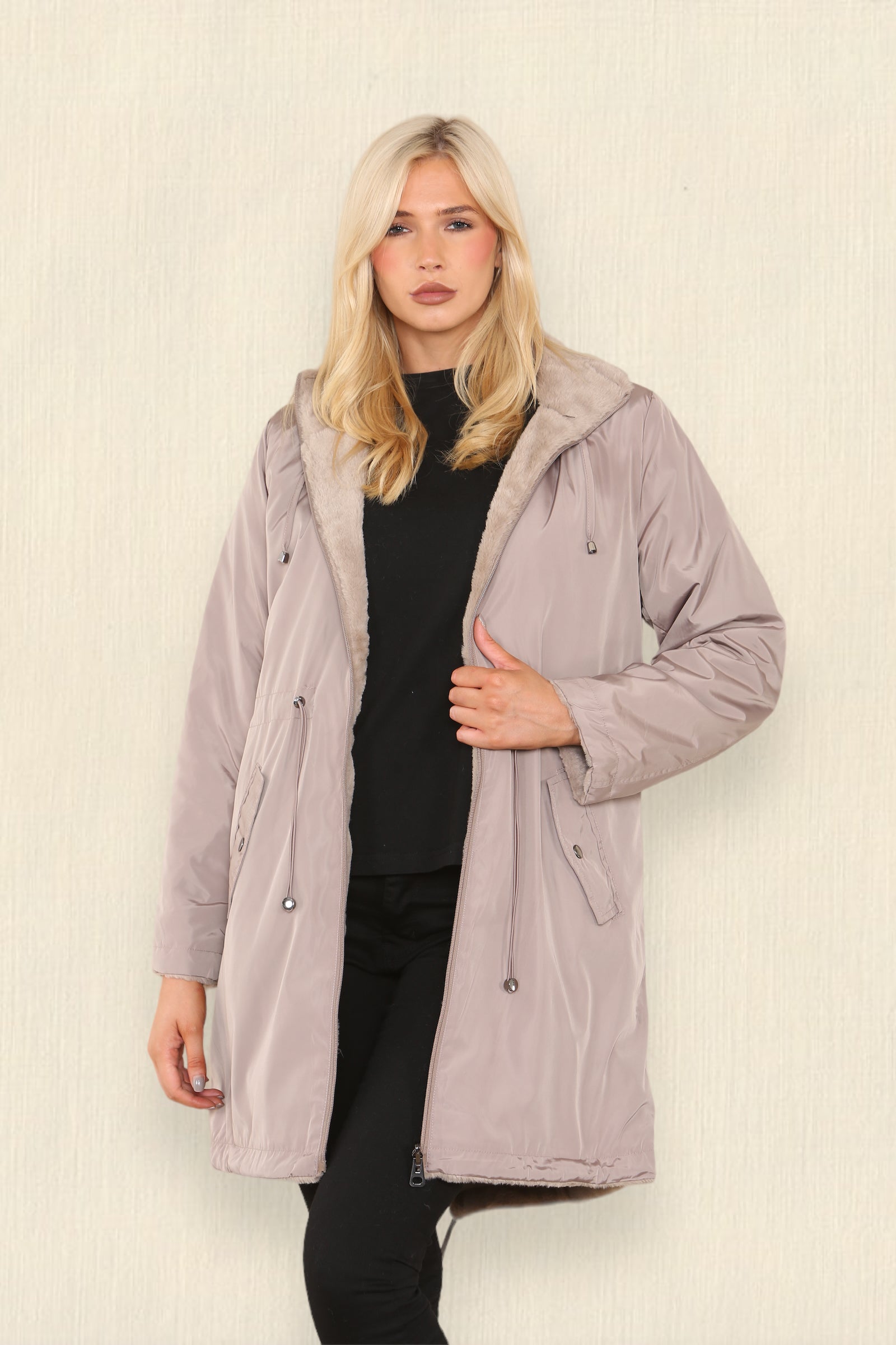 Love Sunshine Taupe Reversible Faux Fur Rain Coat with Hood LS-6033