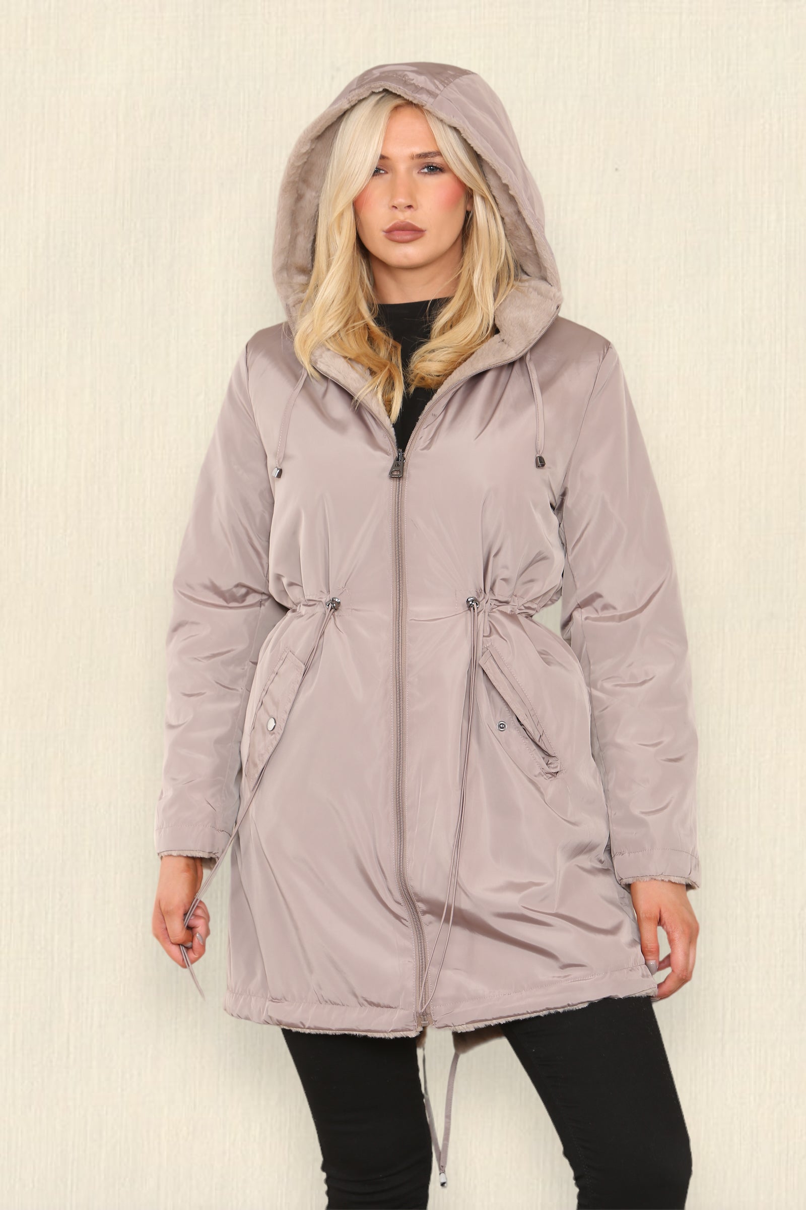 Love Sunshine Taupe Reversible Faux Fur Rain Coat with Hood LS-6033