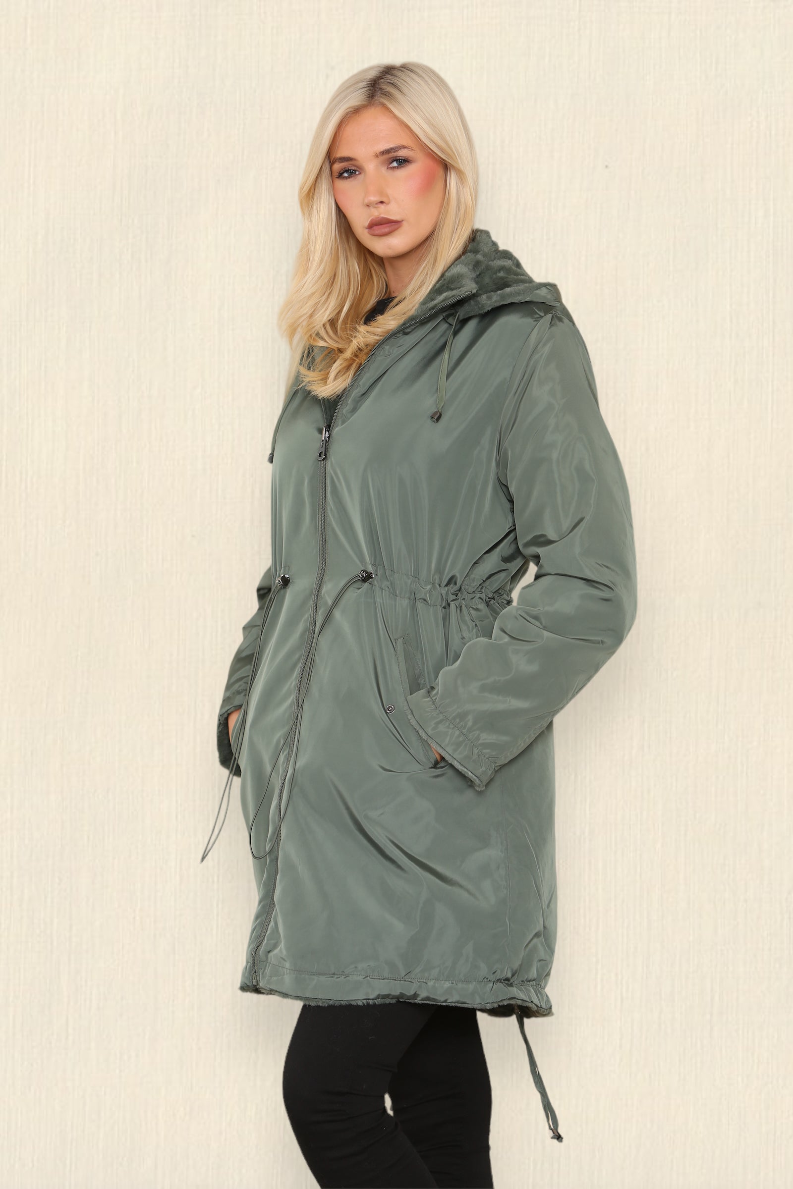 Love Sunshine Khaki Reversible Faux Fur Rain Coat with Hood LS-6033
