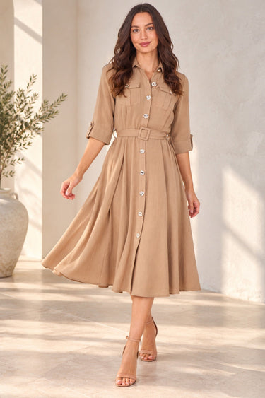 Love Sunshine Camel Utility Belted Midi Shirt Dress Brunch Dress Casual Dress Dress with Pockets Dresses Everyday Dress Workwear Dress