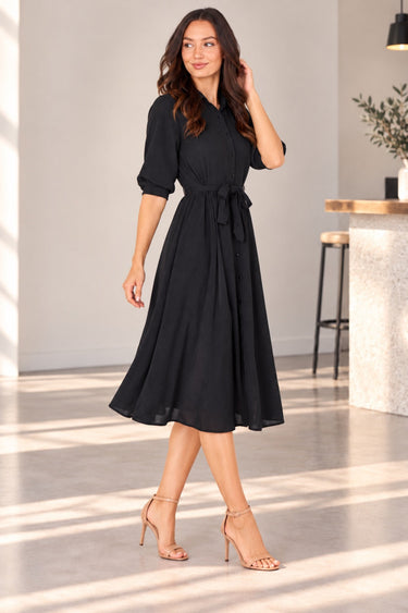 Love Sunshine Black Textured Crepe Belted Midi Shirt Dress Brunch Dress Casual Dress Dress with Pockets Dresses Everyday Dress LS-2045 Workwear Dress