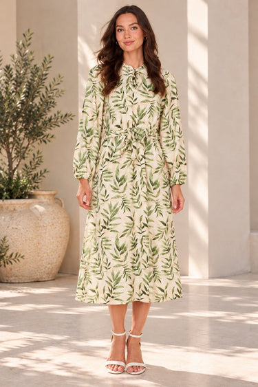 Love Sunshine Ivory Green Botanical Leaf Print Tie Waist Midi Dress auto-20 Brunch Dress Dress with Pockets Dresses Everyday Dress Garden Party Dress Going Out Dress Holiday Dress Long Sleeve Dress LS-2258 Summer Dress Tea Dress Wedding Guest Dress