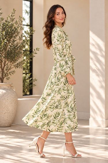 Love Sunshine Ivory Green Botanical Leaf Print Tie Waist Midi Dress auto-20 Brunch Dress Dress with Pockets Dresses Everyday Dress Garden Party Dress Going Out Dress Holiday Dress Long Sleeve Dress LS-2258 Summer Dress Tea Dress Wedding Guest Dress