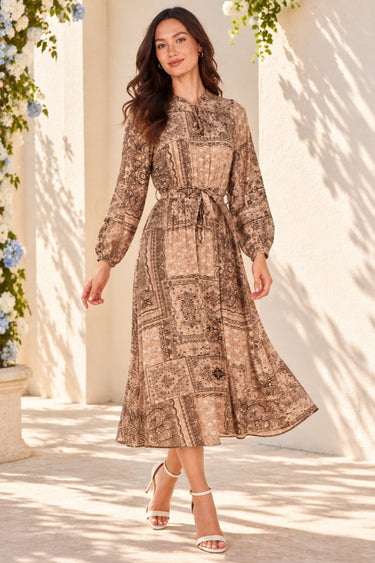 Mocha Brown Paisley Print Tie Waist Midi Dress