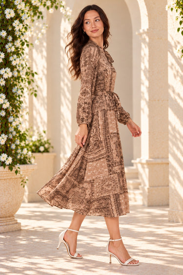 Mocha Brown Paisley Print Tie Waist Midi Dress