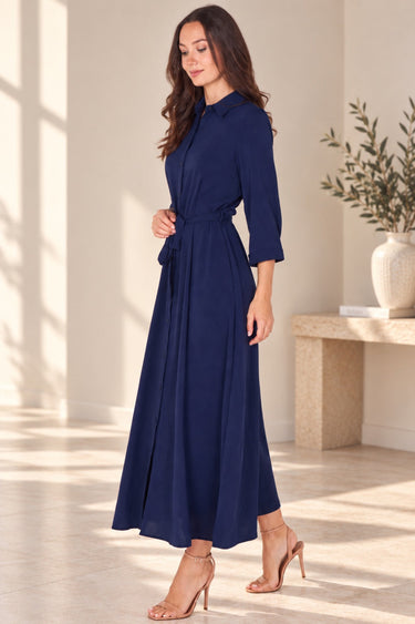 Navy Textured Belted Maxi Shirt Dress