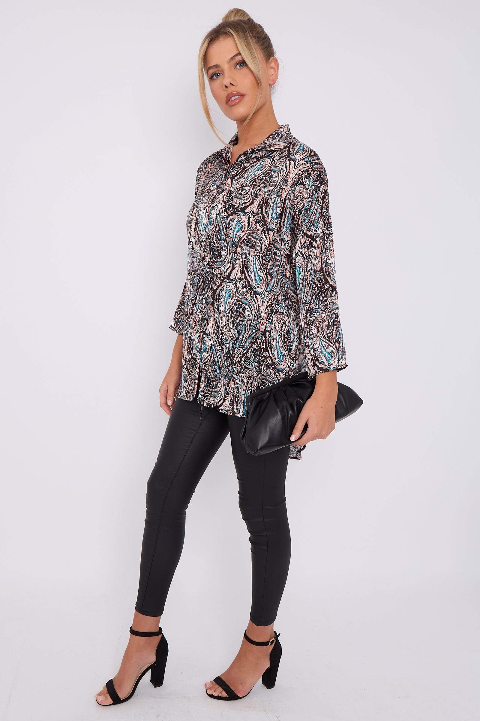 Love Sunshine Black Paisley Print Layer Satin Oversized Shirt LS-5003