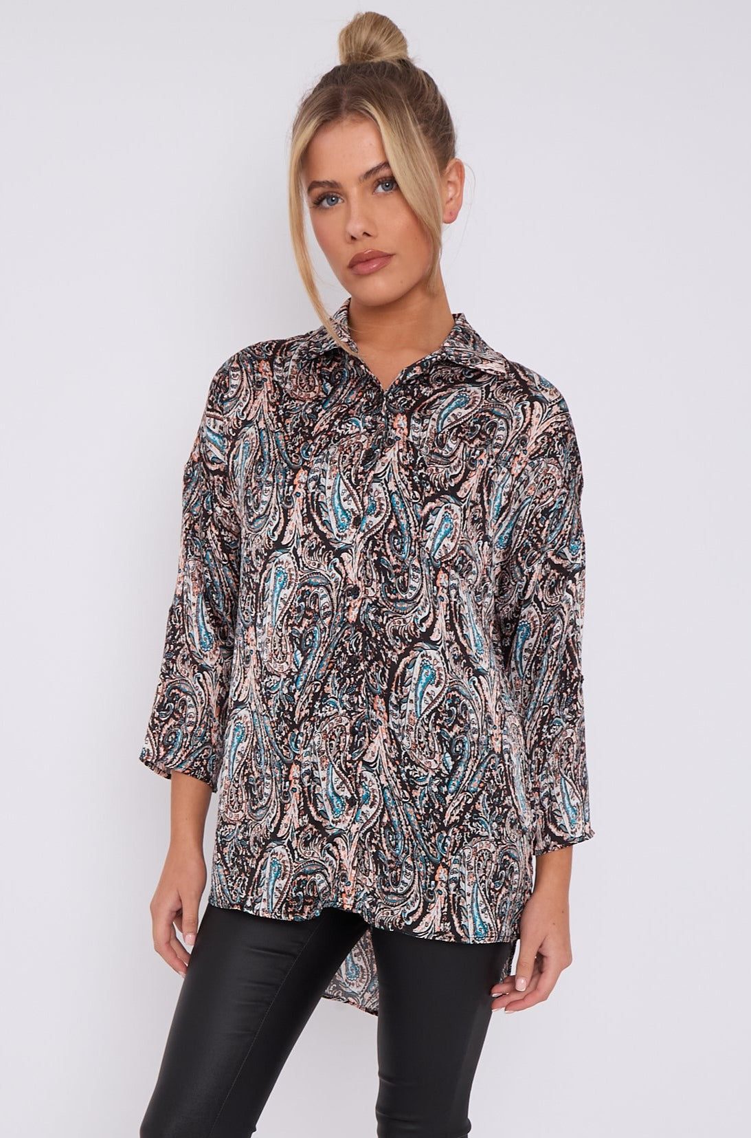 Love Sunshine Black Paisley Print Layer Satin Oversized Shirt LS-5003