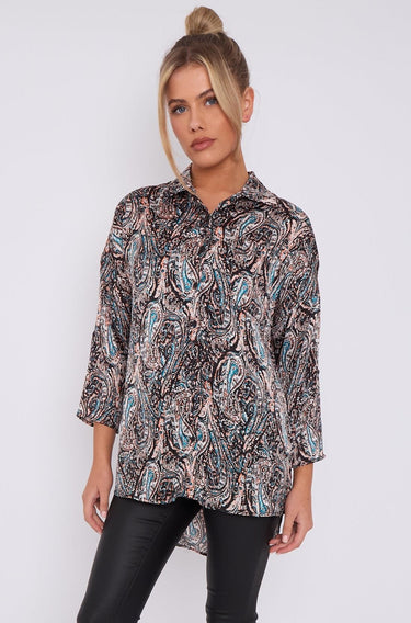 Love Sunshine Black Paisley Print Layer Satin Oversized Shirt LS-5003
