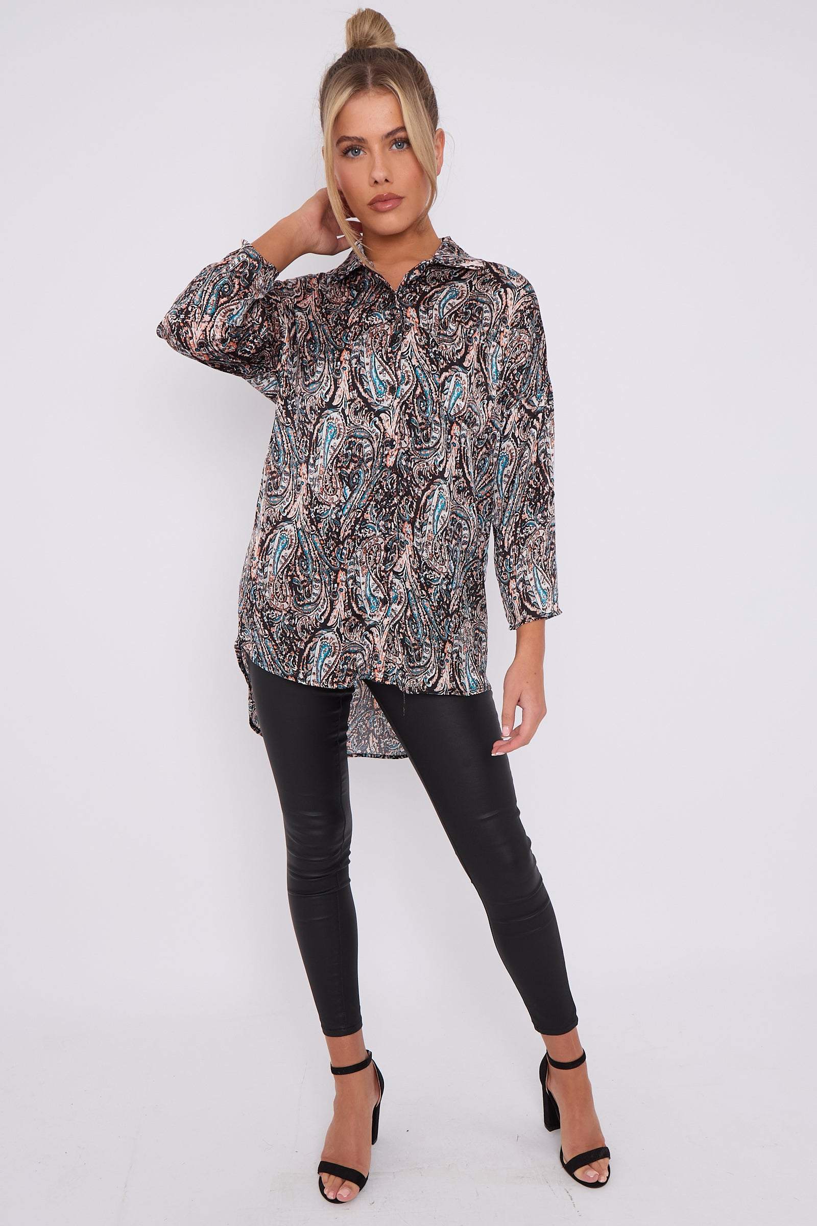 Love Sunshine Black Paisley Print Layer Satin Oversized Shirt LS-5003