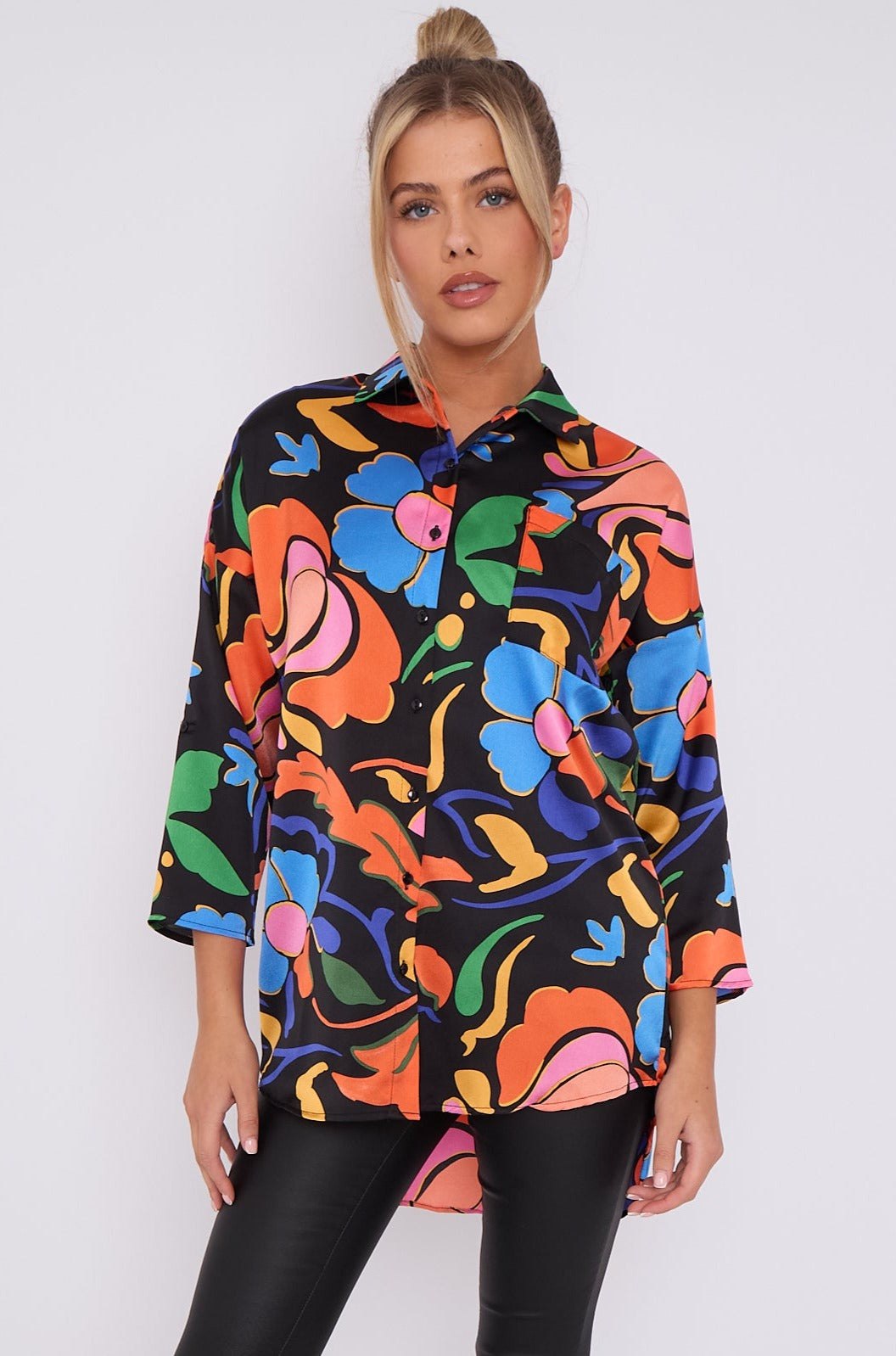 Love Sunshine Abstract Floral Print Satin Oversized Shirt LS-5003