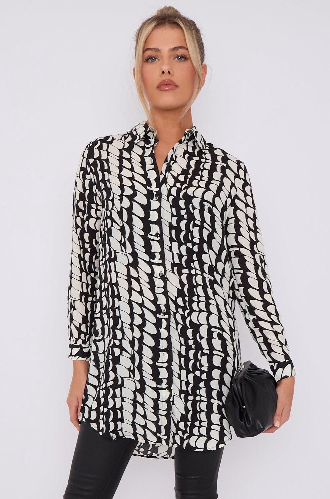 Love Sunshine Black Geo Print Chiffon Long Shirt LS-5002