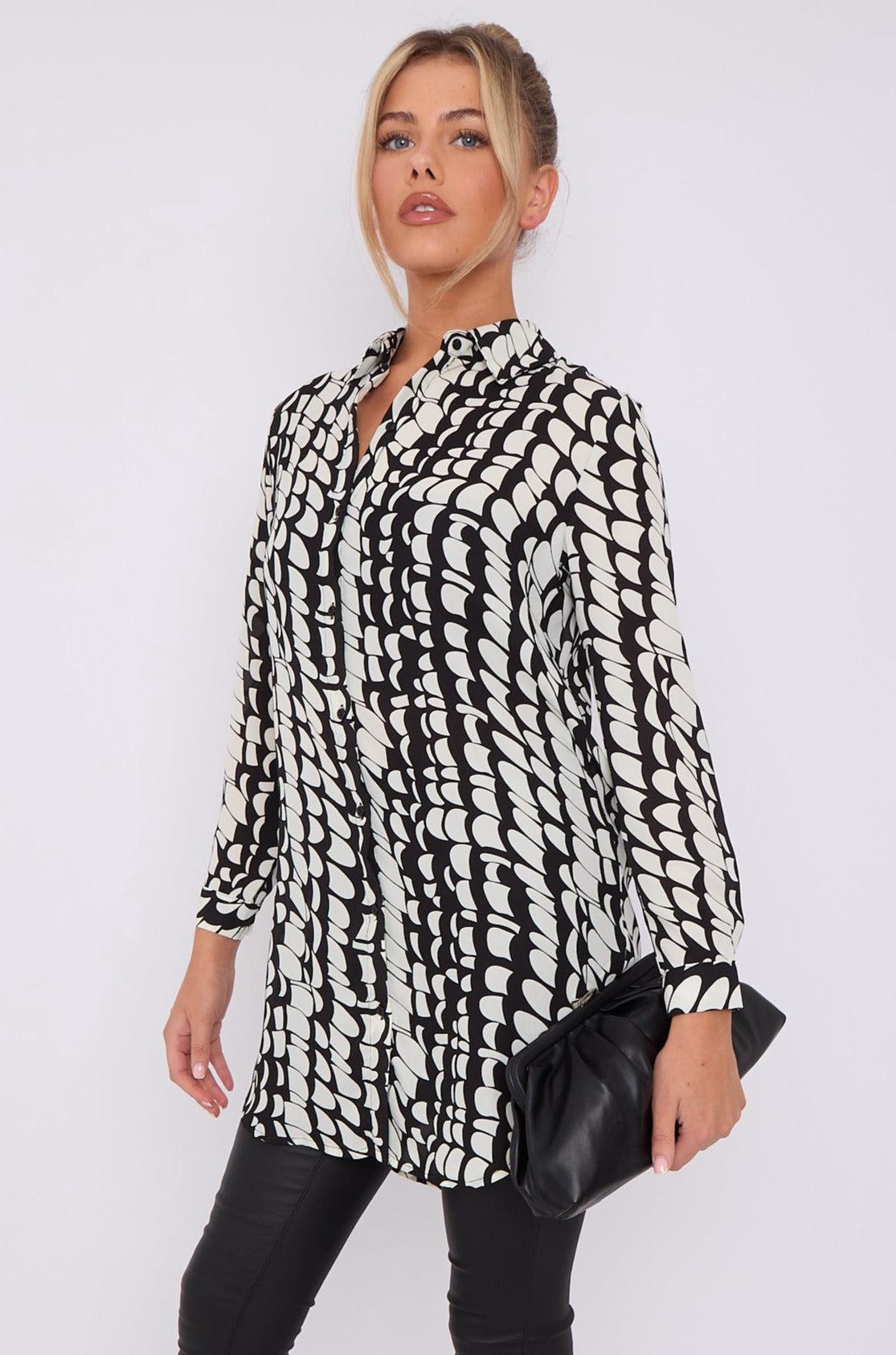 Love Sunshine Black Geo Print Chiffon Long Shirt LS-5002