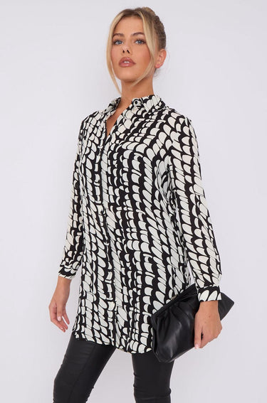 Love Sunshine Black Geo Print Chiffon Long Shirt LS-5002