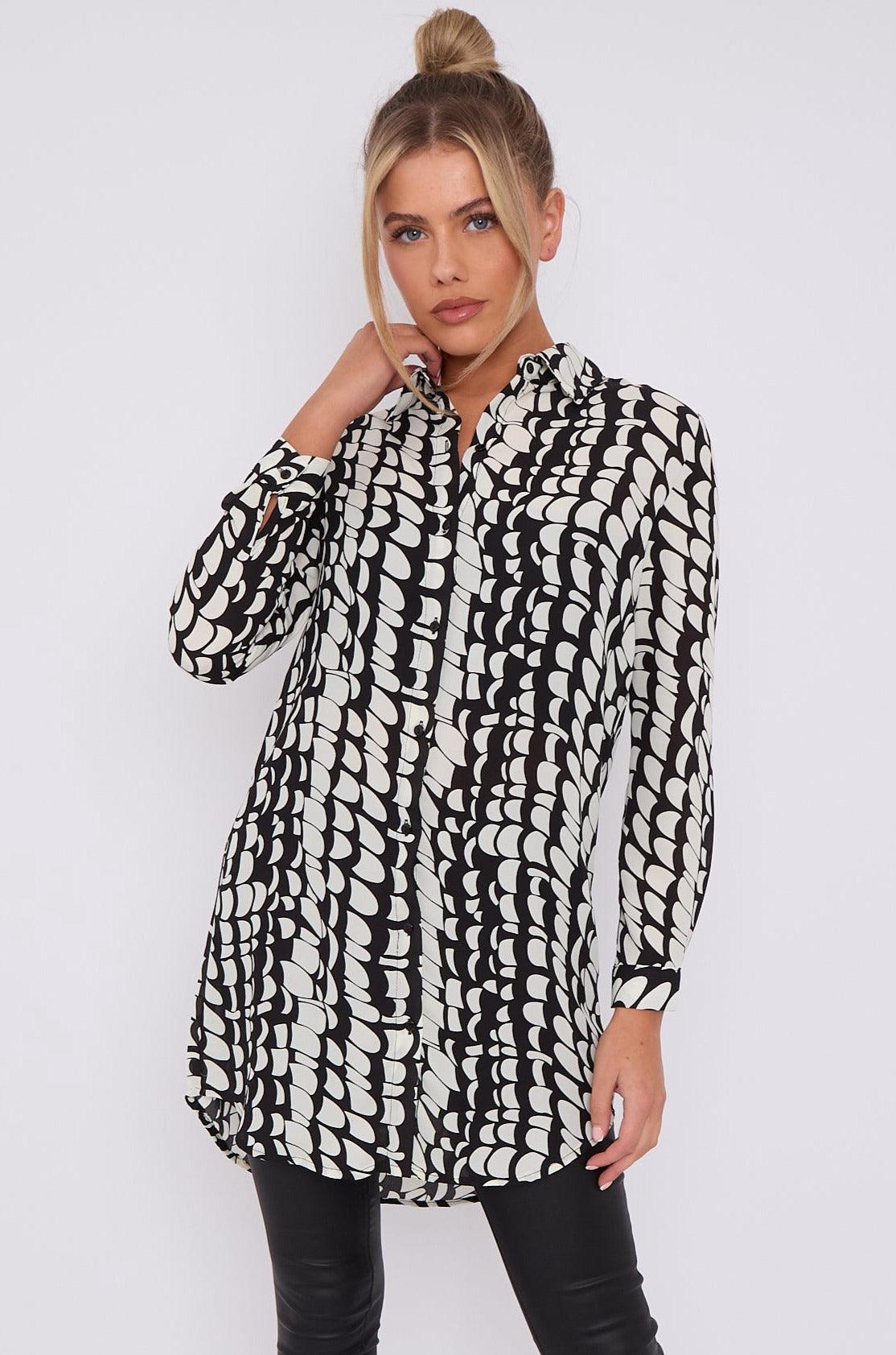 Love Sunshine Black Geo Print Chiffon Long Shirt LS-5002