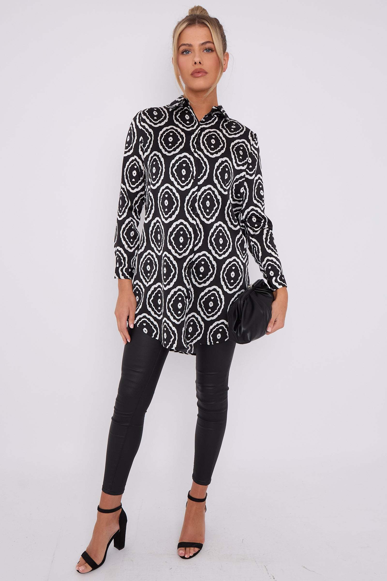Love Sunshine Mono Tribe Print Bubble Satin Long Shirt LS-5002