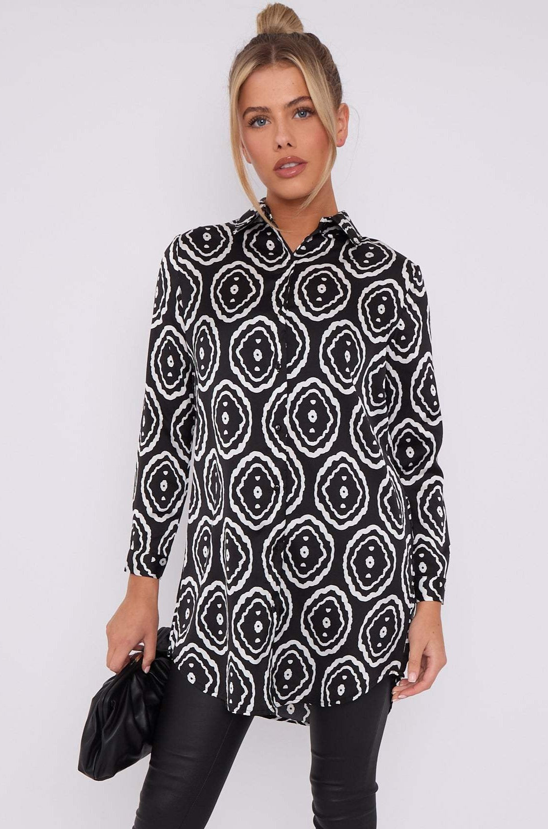 Love Sunshine Mono Tribe Print Bubble Satin Long Shirt LS-5002
