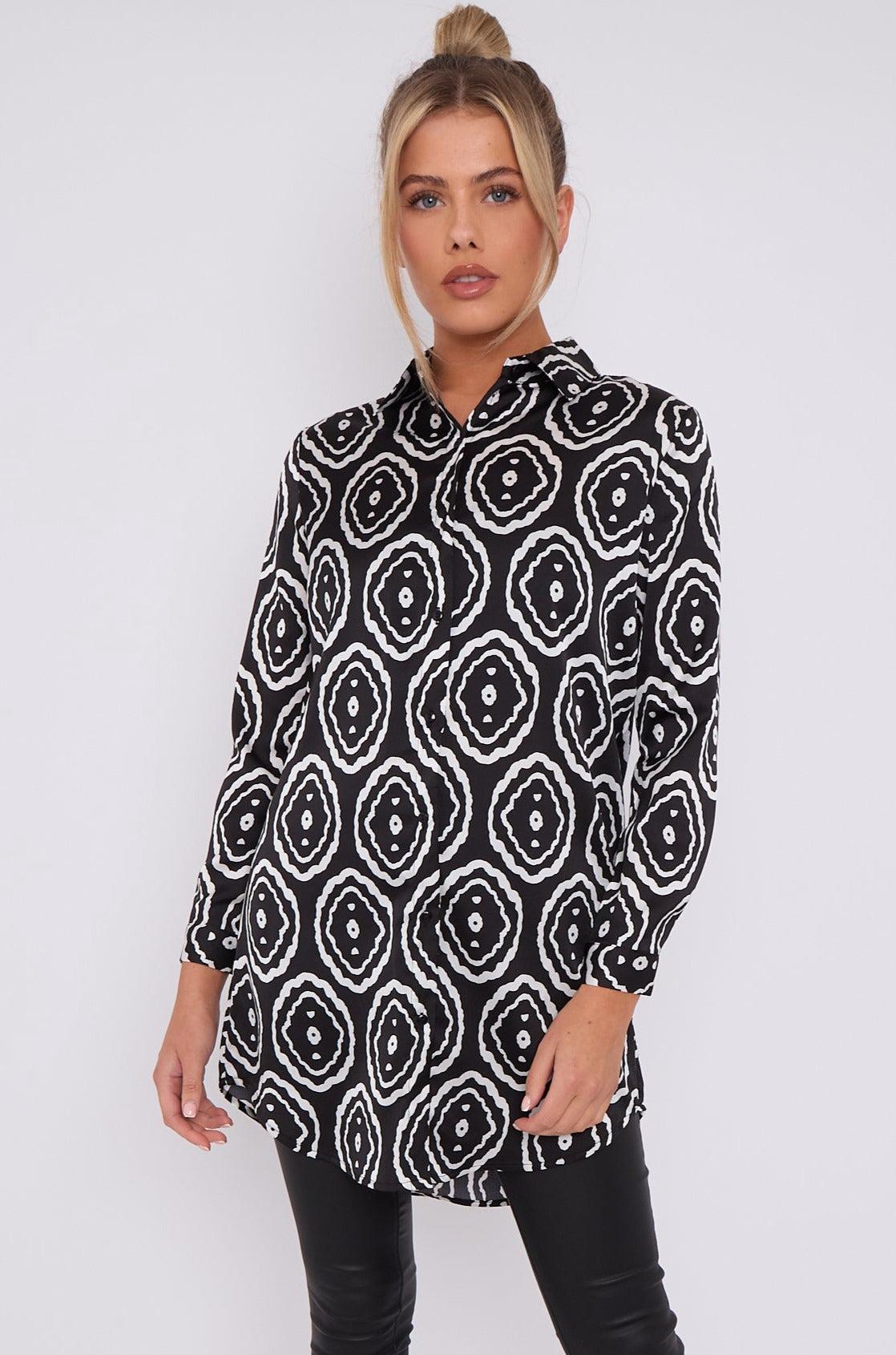Love Sunshine Mono Tribe Print Bubble Satin Long Shirt LS-5002