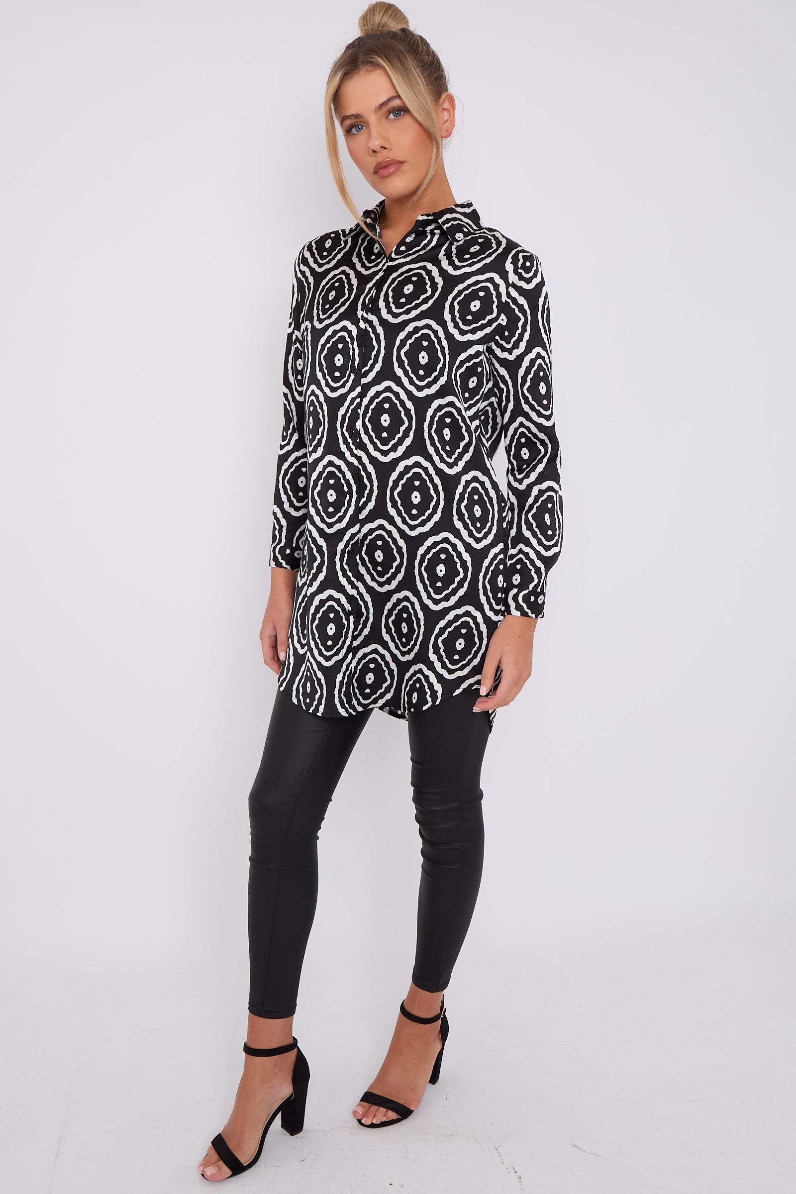 Love Sunshine Mono Tribe Print Bubble Satin Long Shirt LS-5002