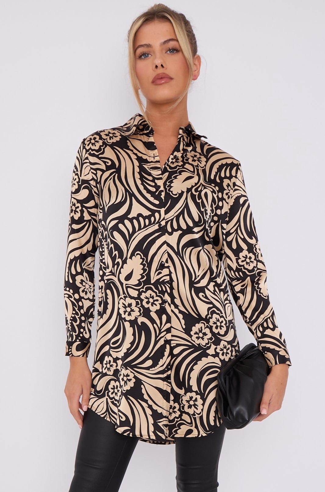 Love Sunshine Black and Beige Paisley Print Satin Long Shirt LS-5002