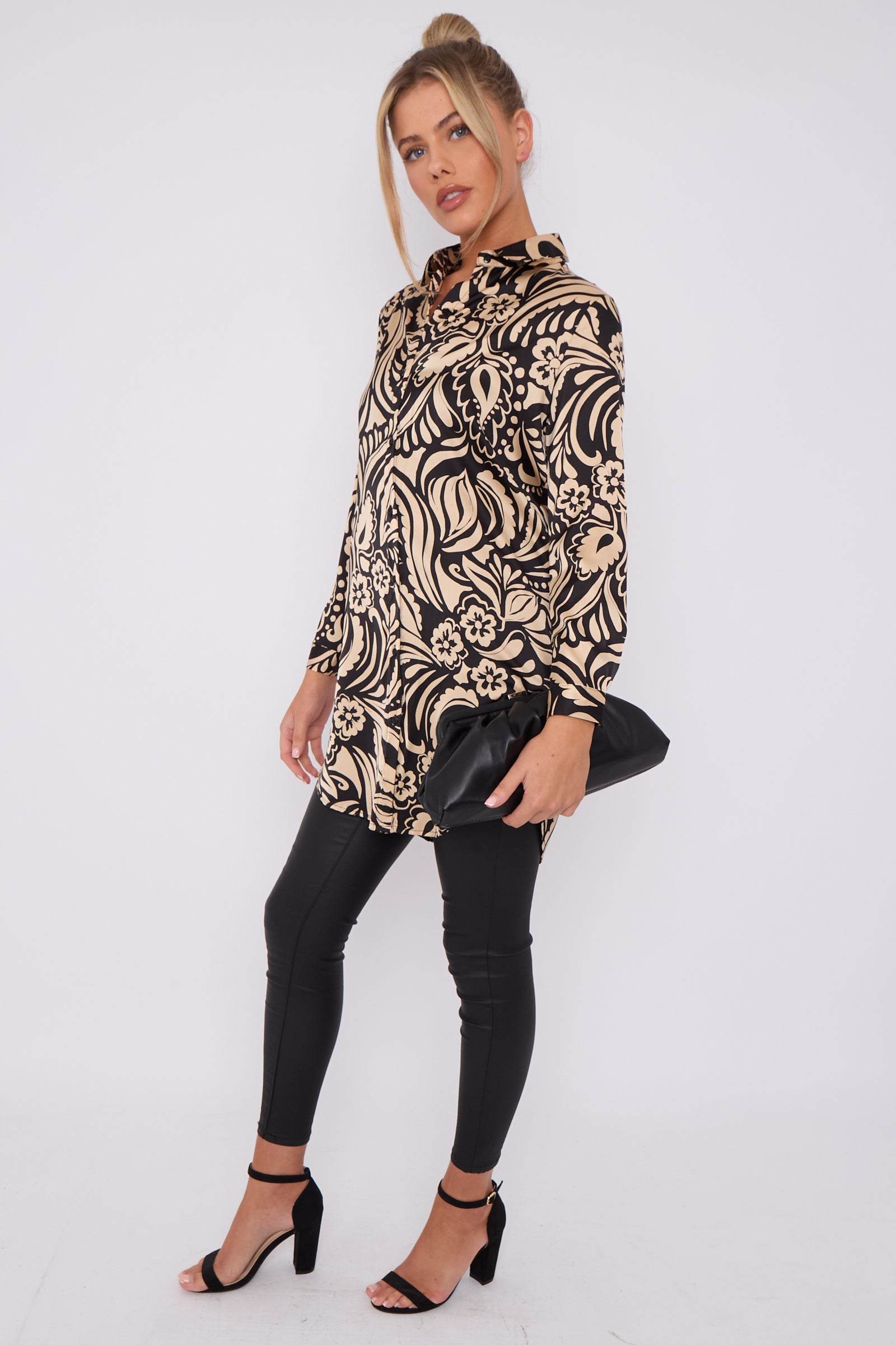 Love Sunshine Black and Beige Paisley Print Satin Long Shirt LS-5002