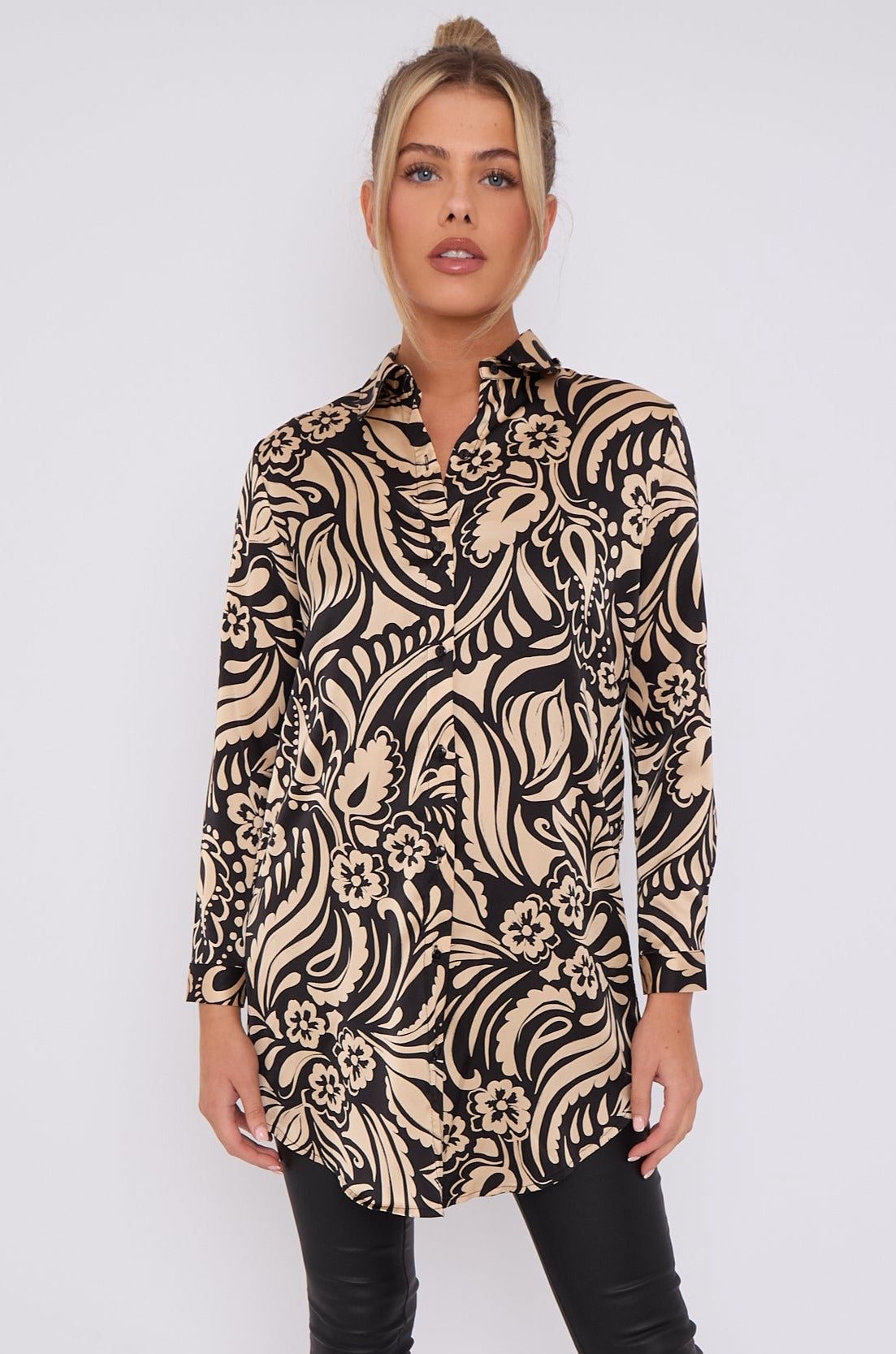 Love Sunshine Black and Beige Paisley Print Satin Long Shirt LS-5002